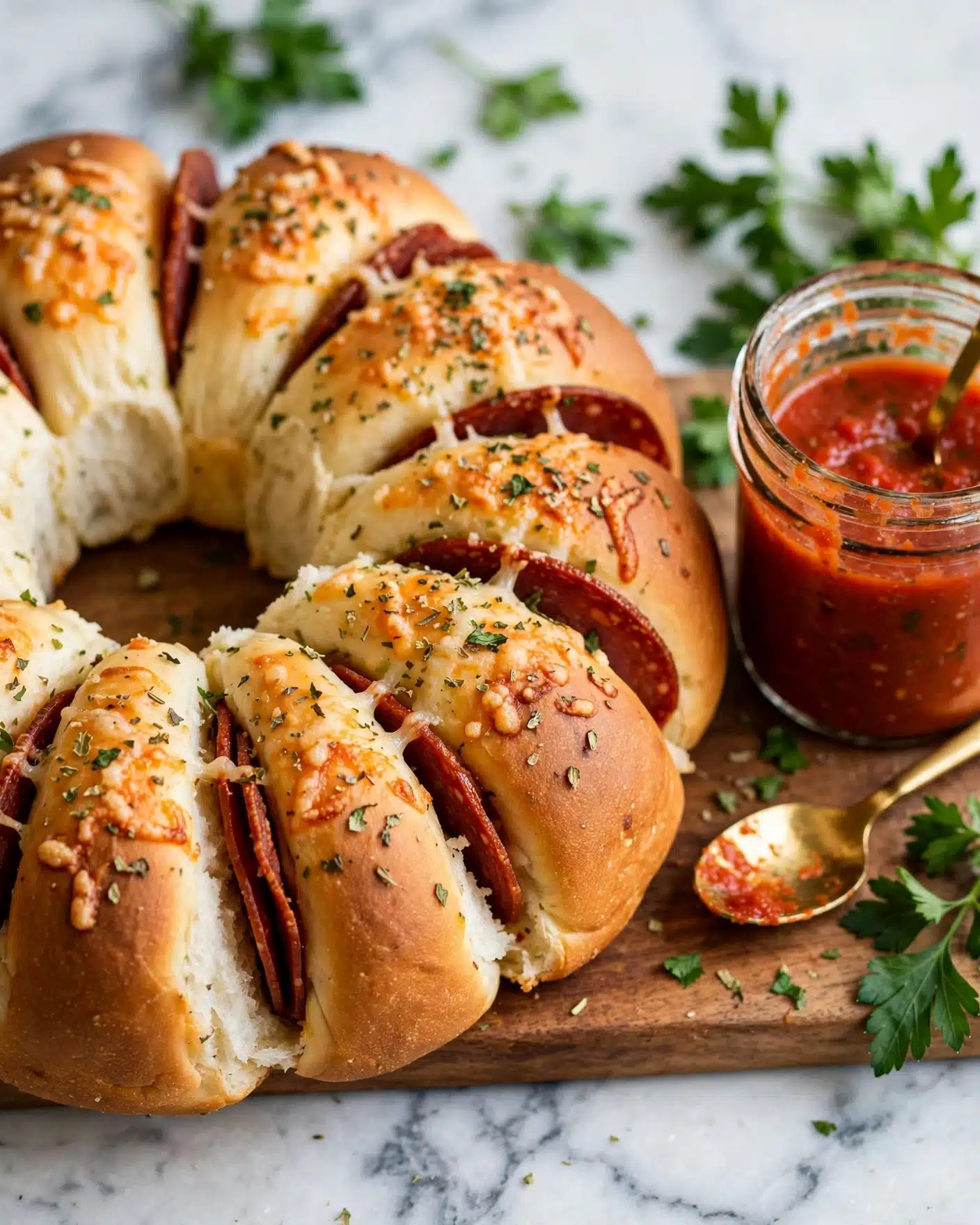 The image shows a close-up of a ring-shaped pull-apart bread with two main layers: a thick, golden-brown baked dough layer with a soft, fluffy inside, and a layer of dark red pepperoni slices tucked between the dough pieces. The bread is sprinkled with herbs and some grated cheese melted on top. The bread rests on a wooden board, with a small glass jar of bright red marinara sauce with a gold spoon beside it. In the background, there are green parsley leaves adding a fresh touch. The surface beneath everything is a white marbled texture photo taken with an iphone --ar 4:5 --v 7
