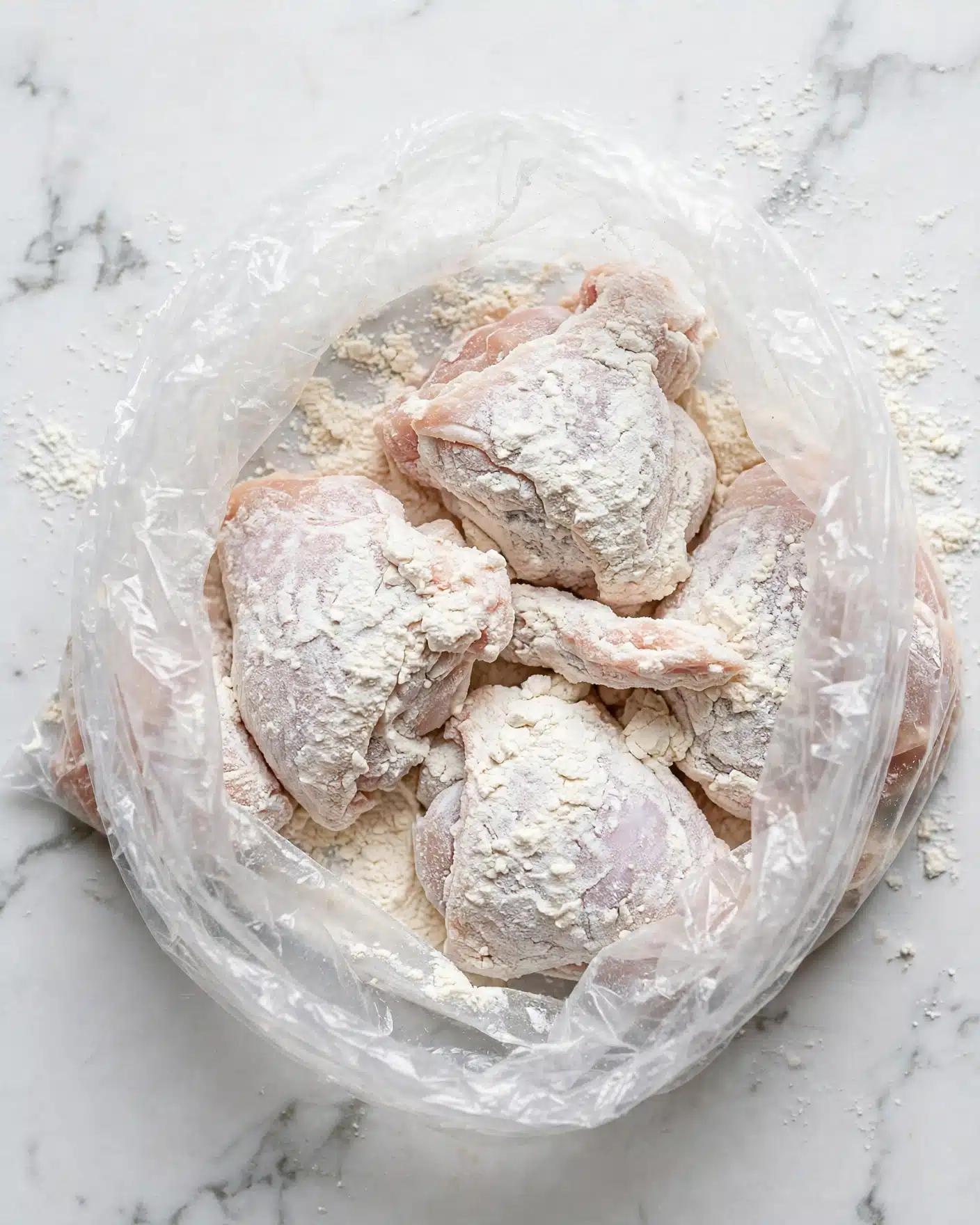 Slow Cooker Mongolian Beef Recipe 4 The image shows a clear plastic bag opened from the top, filled with irregularly shaped chunks covered heavily in white powder. The chunks have a rough texture with some parts showing hints of a light brown underneath the white coating. The bag is partially crumpled and placed on a white marbled surface, adding a clean and bright background that contrasts with the powdery content inside. photo taken with an iphone --ar 4:5 --v 7