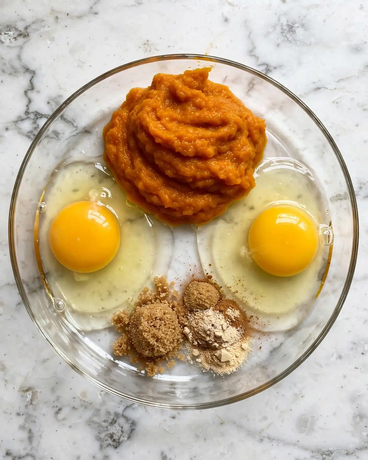 A clear glass bowl sits on a white marbled surface. Inside the bowl are four different layers: two raw eggs with bright yellow yolks and clear whites on opposite sides, a large dollop of thick, orange pumpkin puree positioned at the top center, and a mix of brown sugar and light beige spices scattered in two small piles at the bottom center of the bowl. The ingredients are separate and not stirred. Photo taken with an iphone --ar 4:5 --v 7