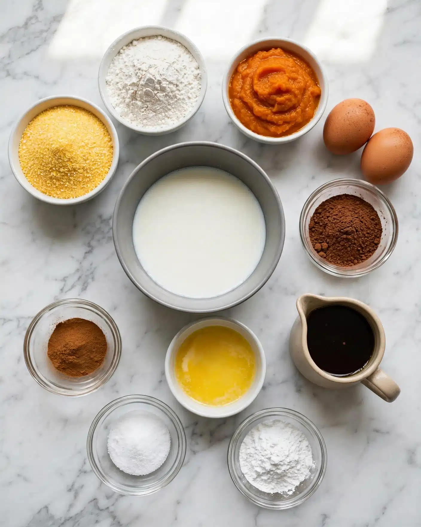 Pumpkin Cornbread Muffins Recipe 4 The image shows a collection of baking ingredients on a white marbled surface. There are eleven bowls and containers arranged neatly. Starting from the top left, there is a white bowl filled with yellow cornmeal, next to it is a white bowl with white flour. In the center is a gray mixing bowl with milk, below it a small white bowl with melted butter. To the right of the flour, there is a white bowl with orange pumpkin puree. Surrounding these are smaller clear glass bowls containing cinnamon powder, salt, and baking powder. Two brown eggs rest near the top right, next to a small white bowl filled with cocoa powder, and below it is a beige pitcher with dark maple syrup. The overall scene is well lit and clean. Photo taken with an iphone --ar 4:5 --v 7