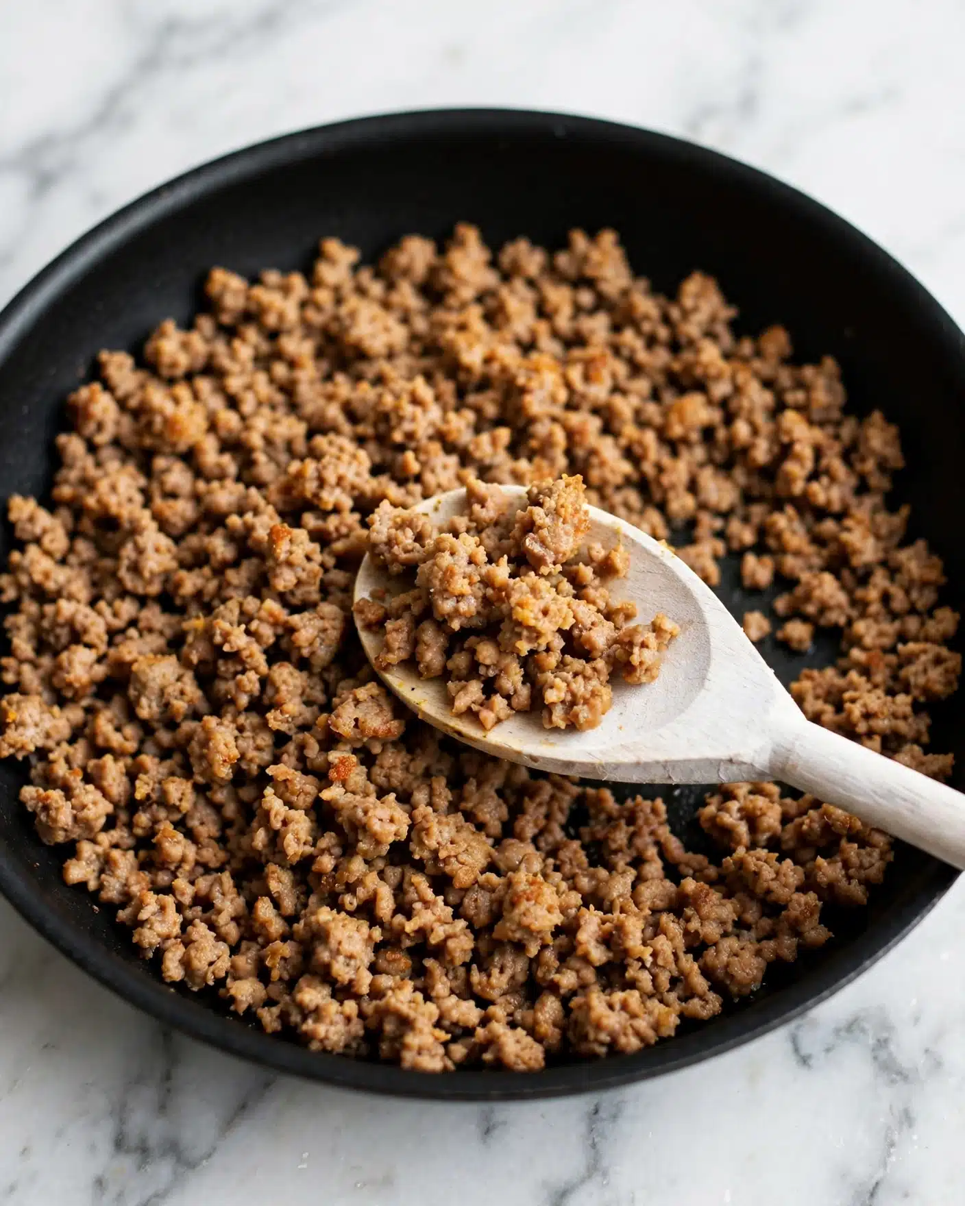 The image shows a close-up of a black frying pan filled with small, evenly browned cooked ground meat pieces. A white wooden spoon is scooping up some of the meat, revealing the slightly golden and crumbly texture of the cooked meat. The background features a white marbled surface, with no other items visible, focusing fully on the pan and meat. photo taken with an iphone --ar 4:5 --v 7