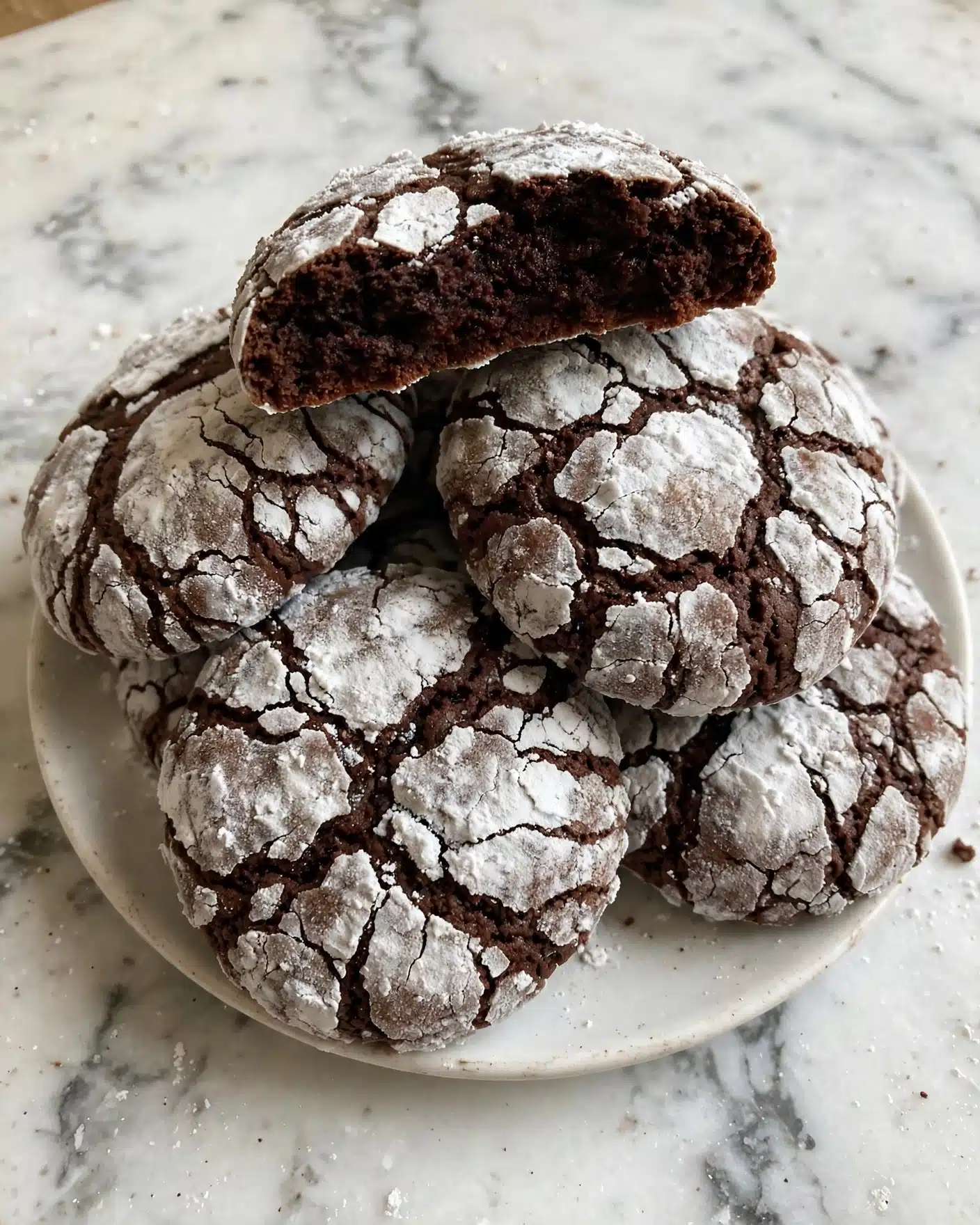 The image shows several dark brown chocolate crinkle cookies with cracked white powdered sugar on top, giving a rough, uneven texture. One cookie is broken in half and placed on top, showing a dense, moist, dark inside layer. The cookies are piled close together on a white plate, all resting on a white marbled surface. photo taken with an iphone --ar 4:5 --v 7