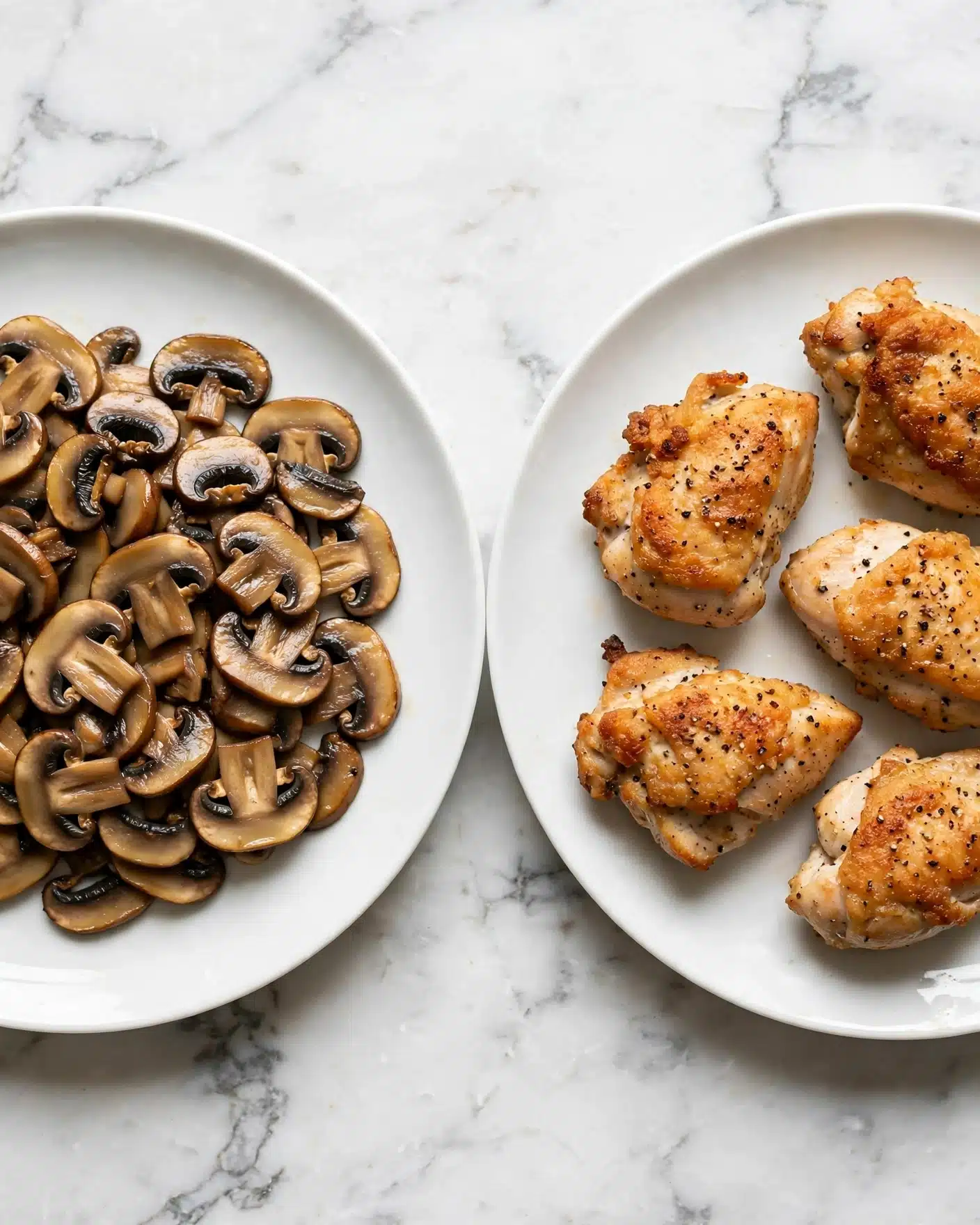 Creamy Mushroom Chicken Recipe 4 Two close-up photos are placed side by side on a white marbled surface. On the left, a white plate holds one layer of cooked sliced mushrooms, showing light and dark brown colors with a slightly shiny texture. On the right, a white plate displays one layer of five golden-brown cooked pieces of chicken with a slightly crispy surface and some black pepper sprinkled on top. Each plate sits simply on the clean, white marbled background. Photo taken with an iphone --ar 4:5 --v 7