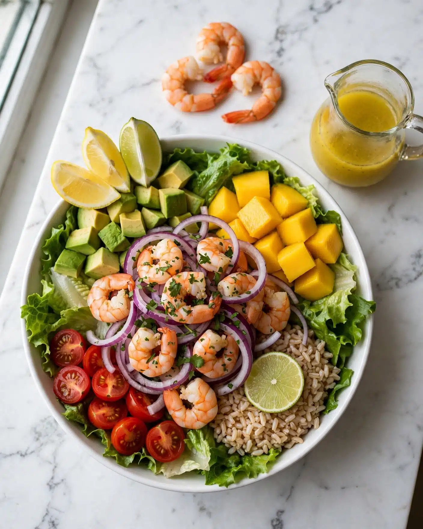 Prawn Mango Avocado Summer Salad with Lime Dressing Recipe 4 A white bowl filled with a fresh salad arranged in sections on a white marbled surface. The base layer is leafy green lettuce covering the whole bowl. On top, there are diced avocado pieces in green, bright yellow mango chunks, brownish rice with a slice of lime on it, and red cherry tomato halves. In the center, there is a generous pile of cooked shrimp in pink-orange color mixed with thin slices of purple red onion and sprinkled with chopped green herbs. Lemon and lime wedges are placed on the top left edge of the bowl, with three whole cooked shrimp resting above the bowl on the marble surface. To the right, there is a clear small pitcher filled with yellow dressing. The photo was taken with an iphone --ar 4:5 --v 7