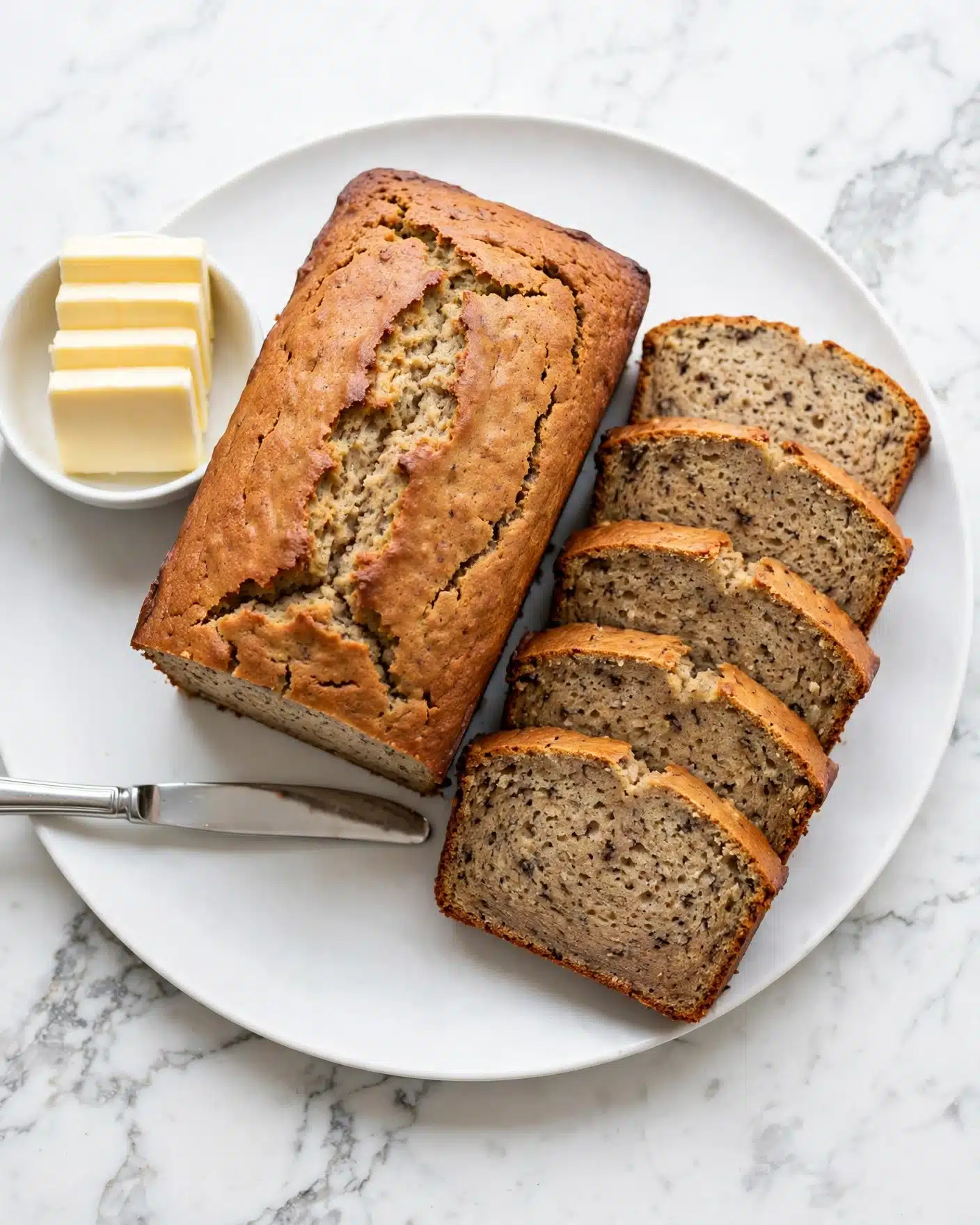 Moist and Delicious Banana Bread Recipe 5 A loaf of banana bread is shown on a white marbled surface, placed on a large white plate. The bread has a golden brown crust with a slightly cracked top, and it is sliced into five thick pieces, revealing a soft, light brown interior with tiny dark specks spread throughout. Next to the bread is a small white bowl containing four slabs of butter. A silver knife lies on the plate near the bread. The overall scene is bright and simple, highlighting the texture and color of the bread. photo taken with an iphone --ar 4:5 --v 7