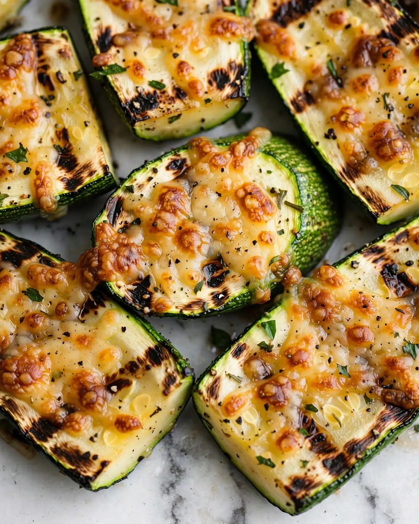 Easy Quick and Easy Baked Zucchini Recipe 5 The image shows a close-up of several pieces of grilled zucchini arranged closely together on a white marbled surface. Each piece has a green outer skin with a soft, light yellow inside, topped with a melted, golden-brown layer of cheese that looks slightly crispy and bubbly. Small black pepper specks and tiny green herb bits are scattered across the zucchini, adding texture and color. The zucchini pieces have clear grill marks, showing slight charring that adds a rustic and appetizing look. photo taken with an iphone --ar 4:5 --v 7