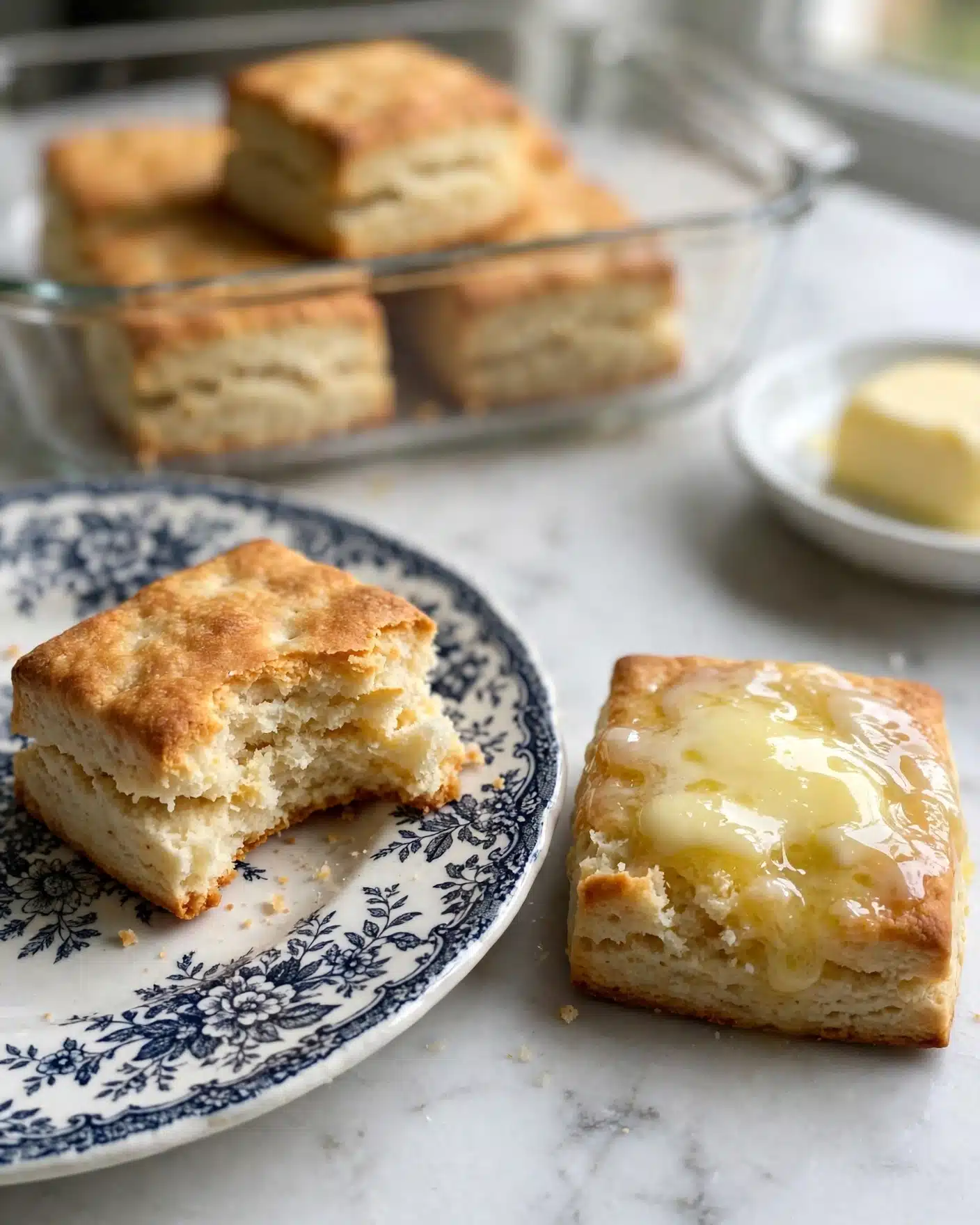 Butter Dip Buttermilk Biscuits (Butter Swim Biscuits) Recipe 5 A close-up image showing a square piece of soft white biscuit with a golden brown top layer about half eaten, resting on a white plate decorated with intricate dark floral patterns. Next to it is another square biscuit piece topped with a thick layer of melted pale yellow butter, showing a slightly shiny texture. In the background, there is a clear glass baking dish holding more of the same biscuits, and a small white dish with a pat of butter. The surface beneath the plate is white marble with subtle grey veins. Photo taken with an iphone --ar 4:5 --v 7