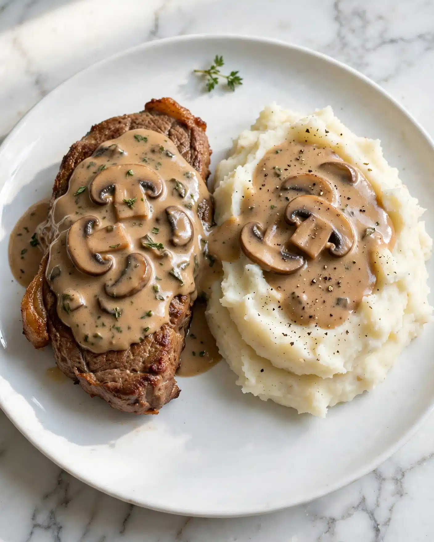 Creamy Mushroom Chicken Recipe 5 A white plate holds two main layers: on the left, a browned piece of cooked meat covered in a smooth light brown mushroom sauce with visible mushroom slices and small green herb bits; on the right, a mound of creamy white mashed potatoes topped with the same mushroom sauce and a few mushroom slices, sprinkled lightly with black pepper. A small green herb sprig decorates the plate's top edge, and the plate sits on a white marbled surface. photo taken with an iphone --ar 4:5 --v 7