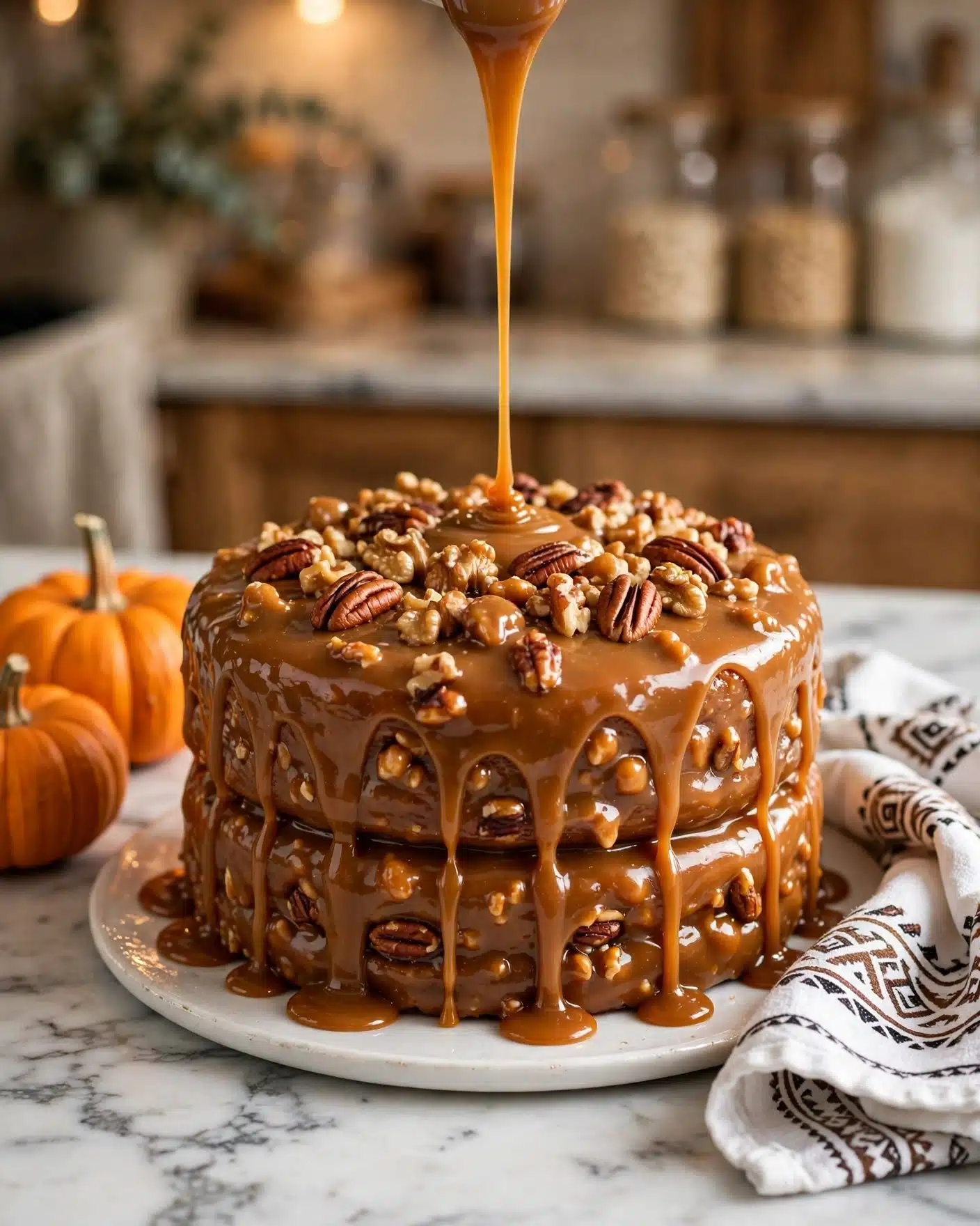 Pumpkin–Cream Cheese Coffee Cake Recipe 5 A round cake with two thick layers, covered in a caramel sauce that drips down the sides in shiny, smooth streams. The top layer has a lumpy texture from nuts embedded in the cake. The cake sits on a white plate on a white marbled surface, with a caramel stream pouring down from above. Two small orange pumpkins and a white towel with brown and black patterns are placed on the surface near the cake. The background shows a blurred kitchen setting with warm lighting. photo taken with an iphone --ar 4:5 --v 7