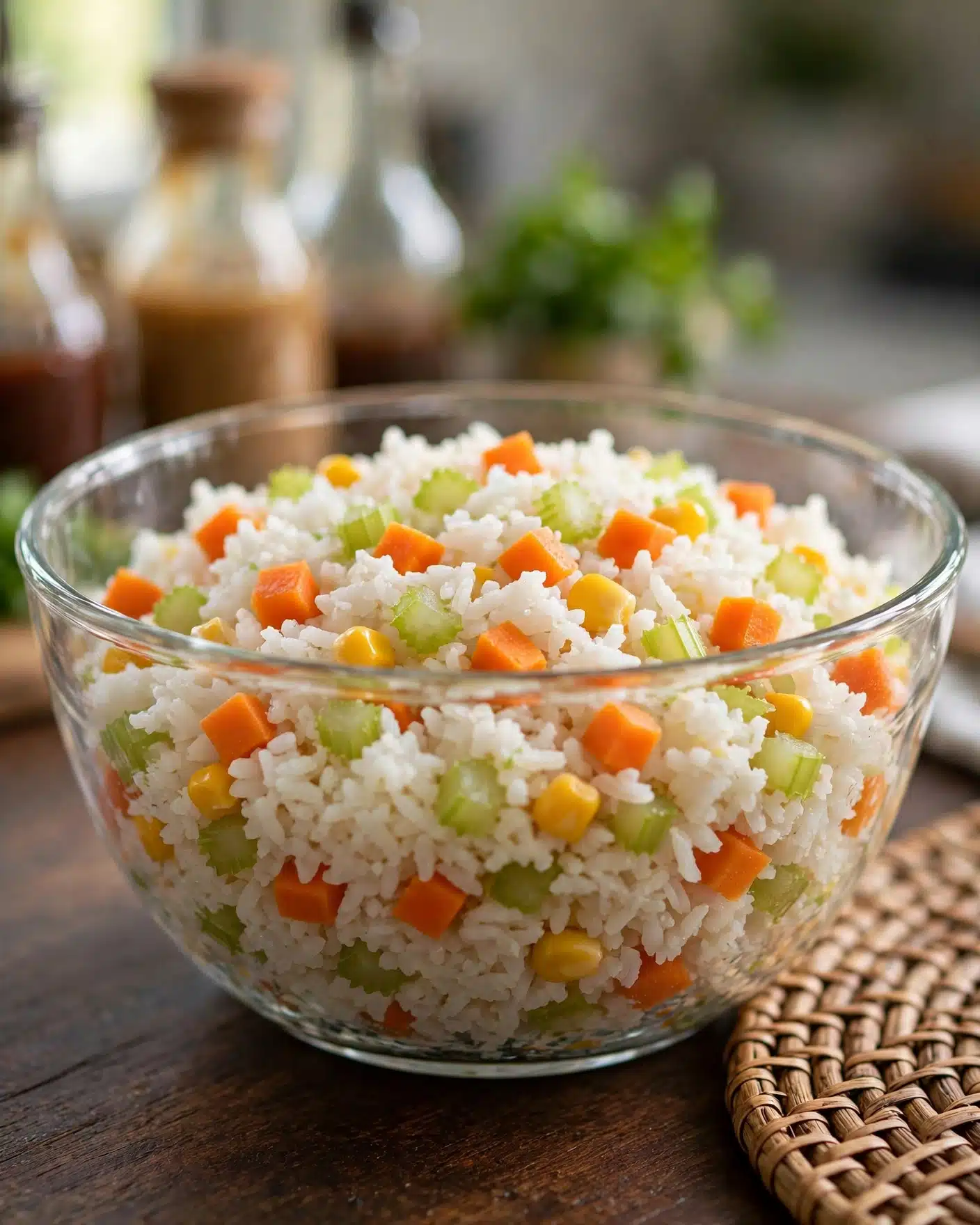 A clear glass bowl filled with a layered dish of white rice mixed with small diced orange carrots, yellow corn kernels, and light green celery pieces evenly spread throughout. The rice layers are fluffy and soft, with the vegetables adding bright pops of color and texture. The bowl is set on a dark brown table with a woven light brown mat nearby, and other kitchen items like sauce bottles and fresh green herbs are blurred softly in the background. The scene has natural light coming from the side, making the colors of the vegetables vibrant and fresh. photo taken with an iphone --ar 4:5 --v 7