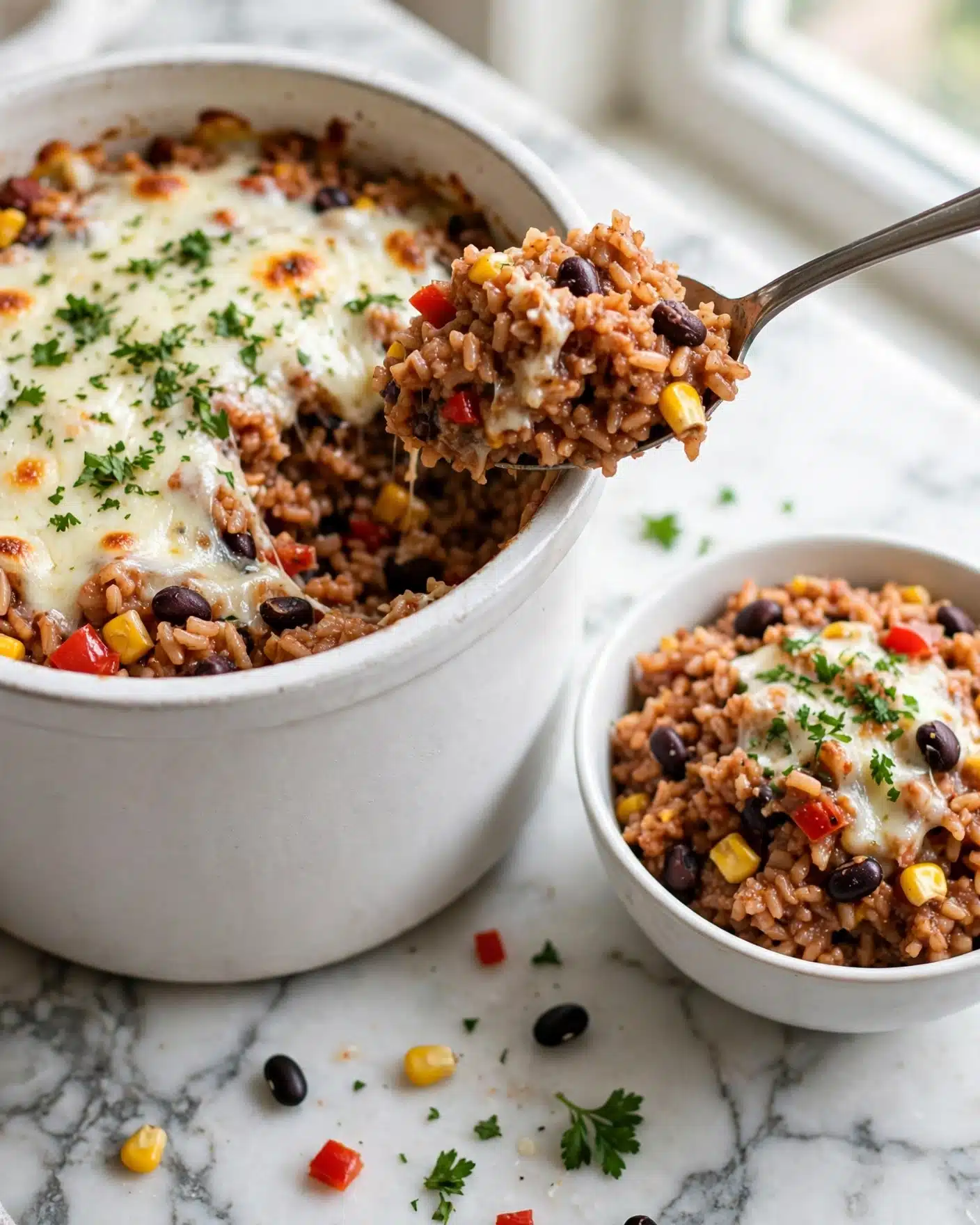 Mexican Ground Beef Casserole with Rice Recipe 4 A white pot filled with a layered rice dish visible; the top layer has melted white cheese sprinkled with green herbs. Below the cheese is a reddish-brown mixed rice with yellow corn kernels, black beans, and small pieces of red pepper, giving it a mixed color and texture. A metal spoon scoops some of the rice, showing the mixture's moist and chunky texture. Next to the pot, a white bowl contains a serving of the rice dish. The setting is on a white marbled surface. Photo taken with an iphone --ar 4:5 --v 7