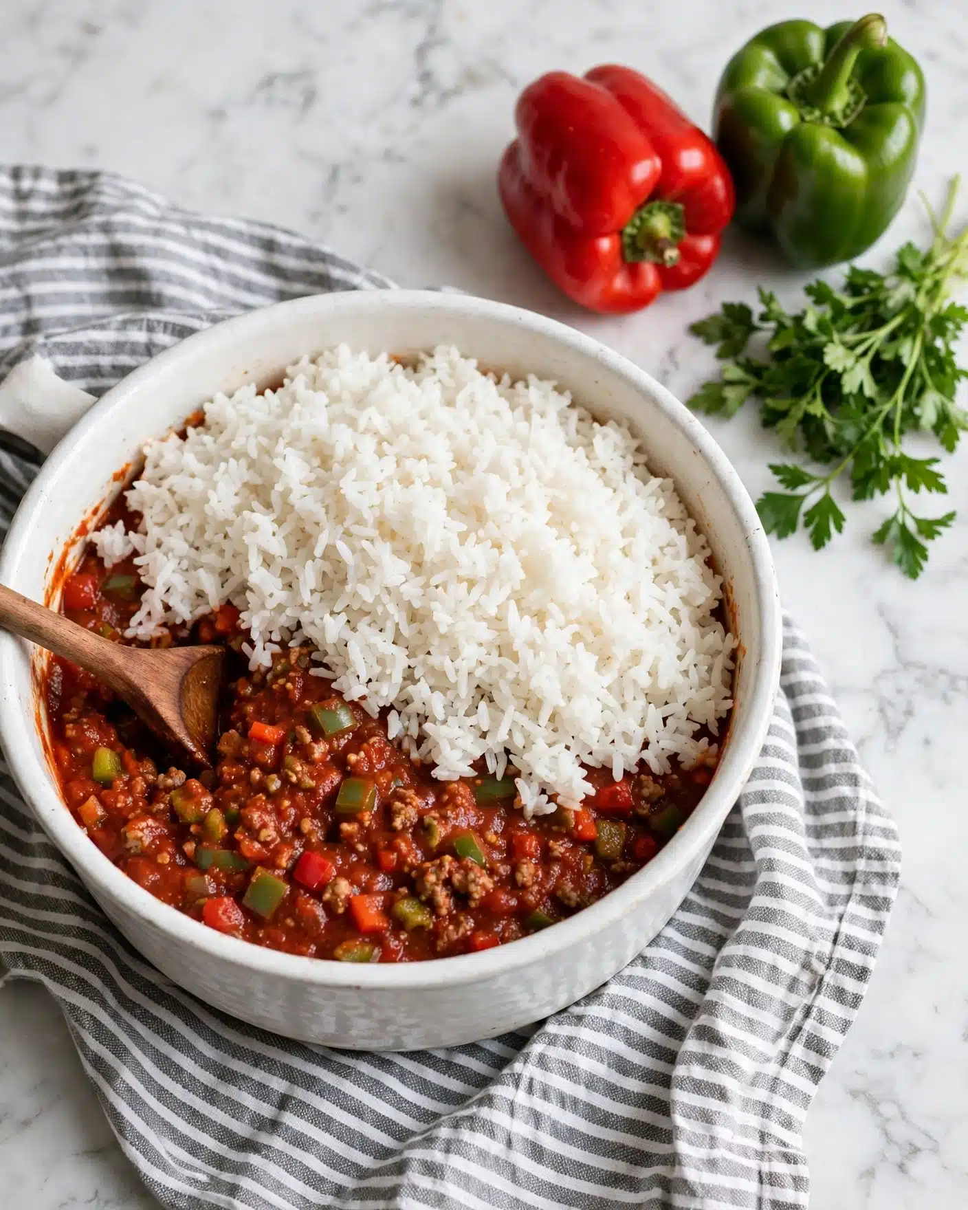 Stuffed Pepper Soup Recipe 4 A white pot contains a two-layer dish, with the bottom layer being a thick red tomato sauce mixed with small pieces of green and red vegetables and ground meat, and the top layer covered with a mound of steamed white rice. A wooden spoon is partially submerged in the mixture, resting on the left side of the pot. The pot sits on a gray and white striped cloth on a white marbled surface. To the top right, there are two whole bell peppers, one red and one green, along with fresh green parsley. Photo taken with an iphone --ar 4:5 --v 7