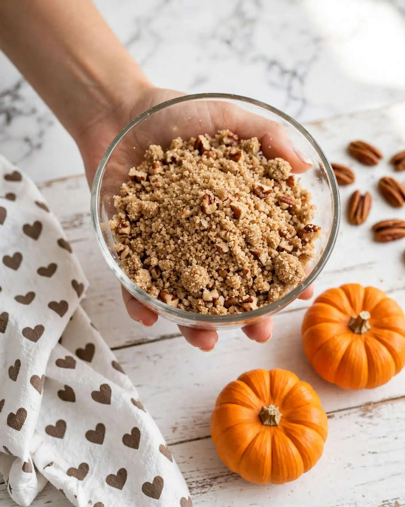 Pumpkin–Cream Cheese Coffee Cake Recipe 4 A woman's hand is holding a clear glass bowl filled with a crumbly mixture that looks like brown sugar and chopped nuts, with a soft and grainy texture. The bowl is held over a white wooden surface with two small bright orange pumpkins nearby, and a white cloth with a brown heart pattern is placed on the left side. Some pecans are scattered near the top right corner. The scene is bright and cozy, with natural lighting, and the background is a white marbled texture. Photo taken with an iphone --ar 4:5 --v 7