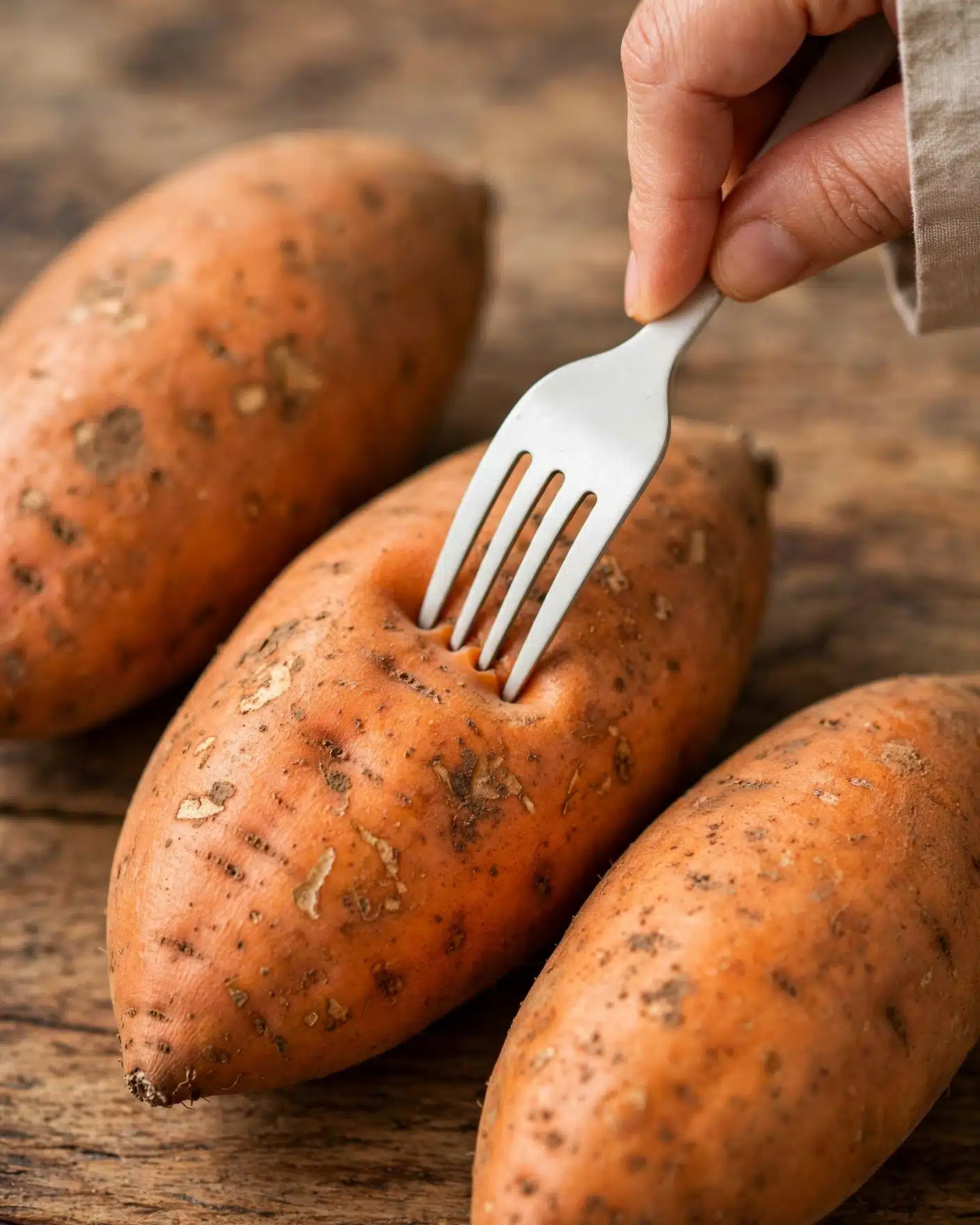 Twice Baked Sweet Potatoes with Brown Sugar Cinnamon Filling and Streusel Topping Recipe 4 The image shows three sweet potatoes with a rough orange skin texture, arranged diagonally on a wooden surface. A white fork held by a woman's hand is gently pressing into the middle sweet potato, creating a slight indentation. The close-up shot highlights the natural spots and imperfections on the sweet potato skins, with a warm and earthy color palette. The background wood is visible in soft focus. photo taken with an iphone --ar 4:5 --v 7