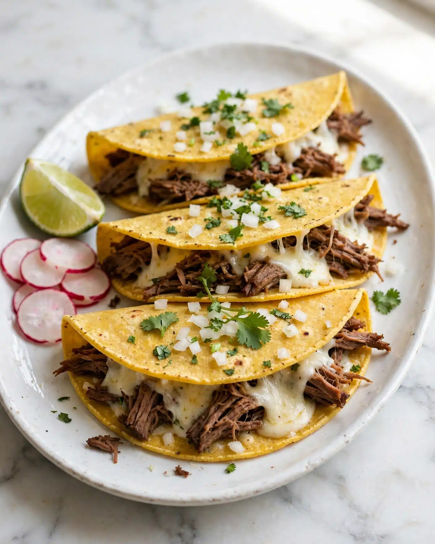 Slow-Cooker Birria Tacos Recipe 5 The image shows three yellow corn tortillas folded in half and filled with shredded dark brown meat and melted white cheese, placed on a white oval plate. Each taco is topped with small chopped white onion and green cilantro. On the left side of the plate, there is a green lime wedge and thin round slices of radish. The background has a white marbled texture. The dish looks fresh and vibrant with a warm and homemade feel. photo taken with an iphone --ar 4:5 --v 7