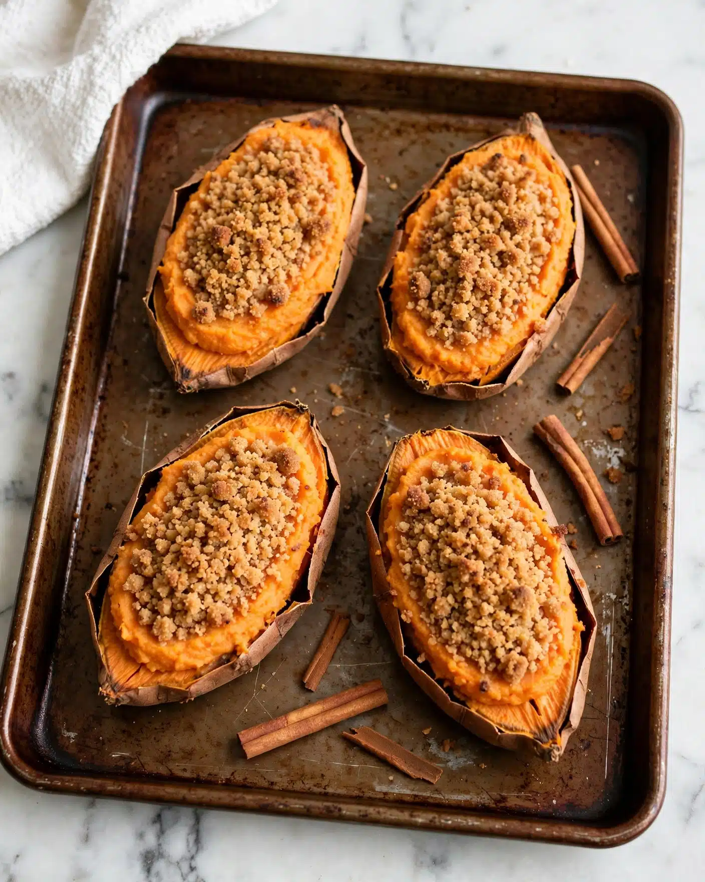 Twice Baked Sweet Potatoes with Brown Sugar Cinnamon Filling and Streusel Topping Recipe 5 The image shows four baked sweet potato halves on a worn, brown baking tray. Each sweet potato half has three layers: the bottom brown skin, a smooth orange mashed sweet potato middle, and a crumbly, golden brown topping that looks crunchy. The edges of the sweet potatoes are slightly browned and crisp. There are a few cinnamon sticks placed around on the tray, adding a warm color contrast. The tray is placed on a white marbled surface, and there is a white textured cloth partially visible in the top left corner. photo taken with an iphone --ar 4:5 --v 7