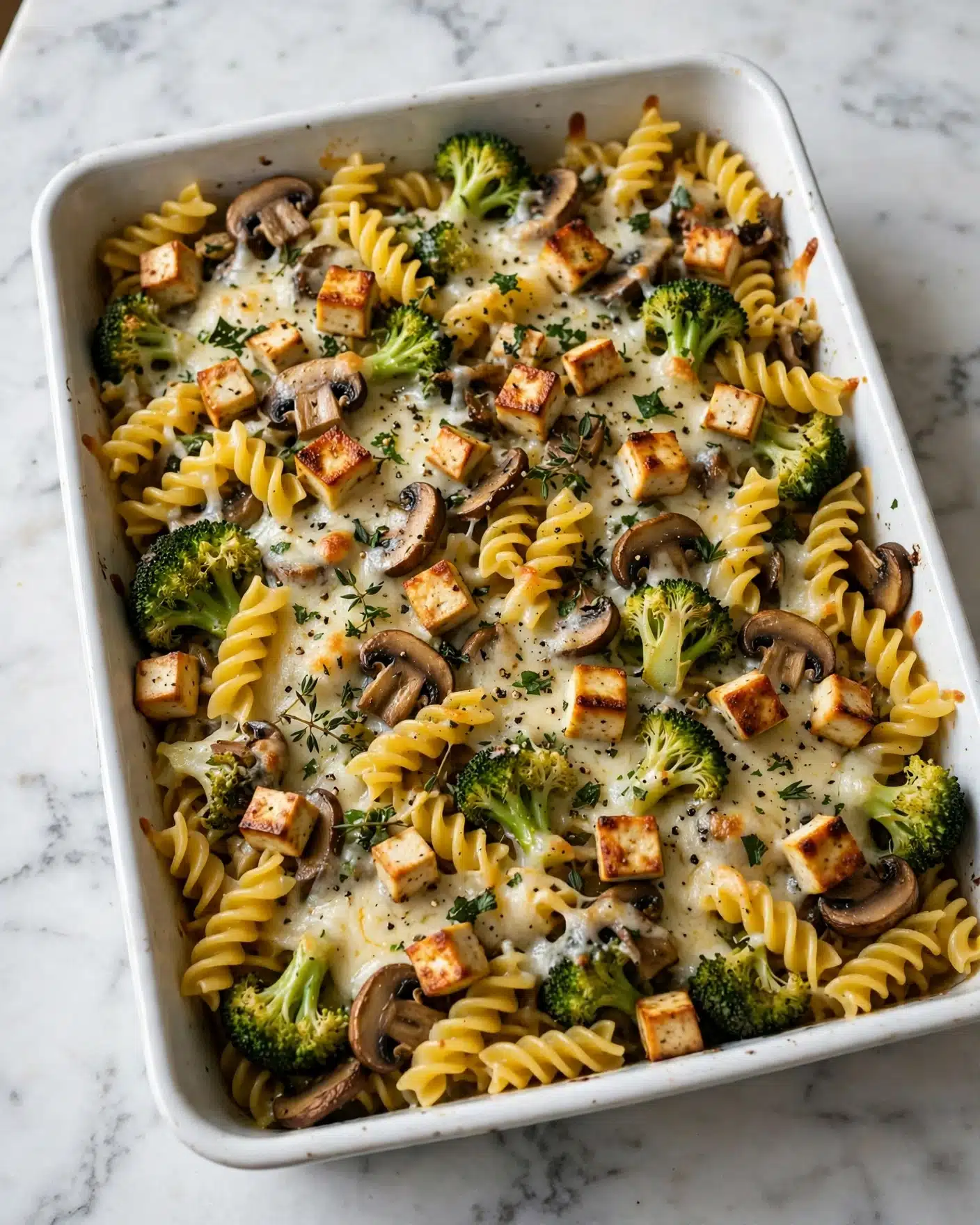 Healthier Broccoli Chicken Casserole Recipe 4 A white rectangular baking dish filled with a pasta bake made of yellow spiral noodles mixed with green broccoli florets and brown sliced mushrooms. Scattered on top are small cubes of golden-brown grilled tofu. The dish is covered with melted light cheese, speckled with black pepper and small green herbs. The pasta and vegetables are evenly spread, showing a rich blend of textures and colors against the white dish. The dish is placed on a white marbled surface. photo taken with an iphone --ar 4:5 --v 7