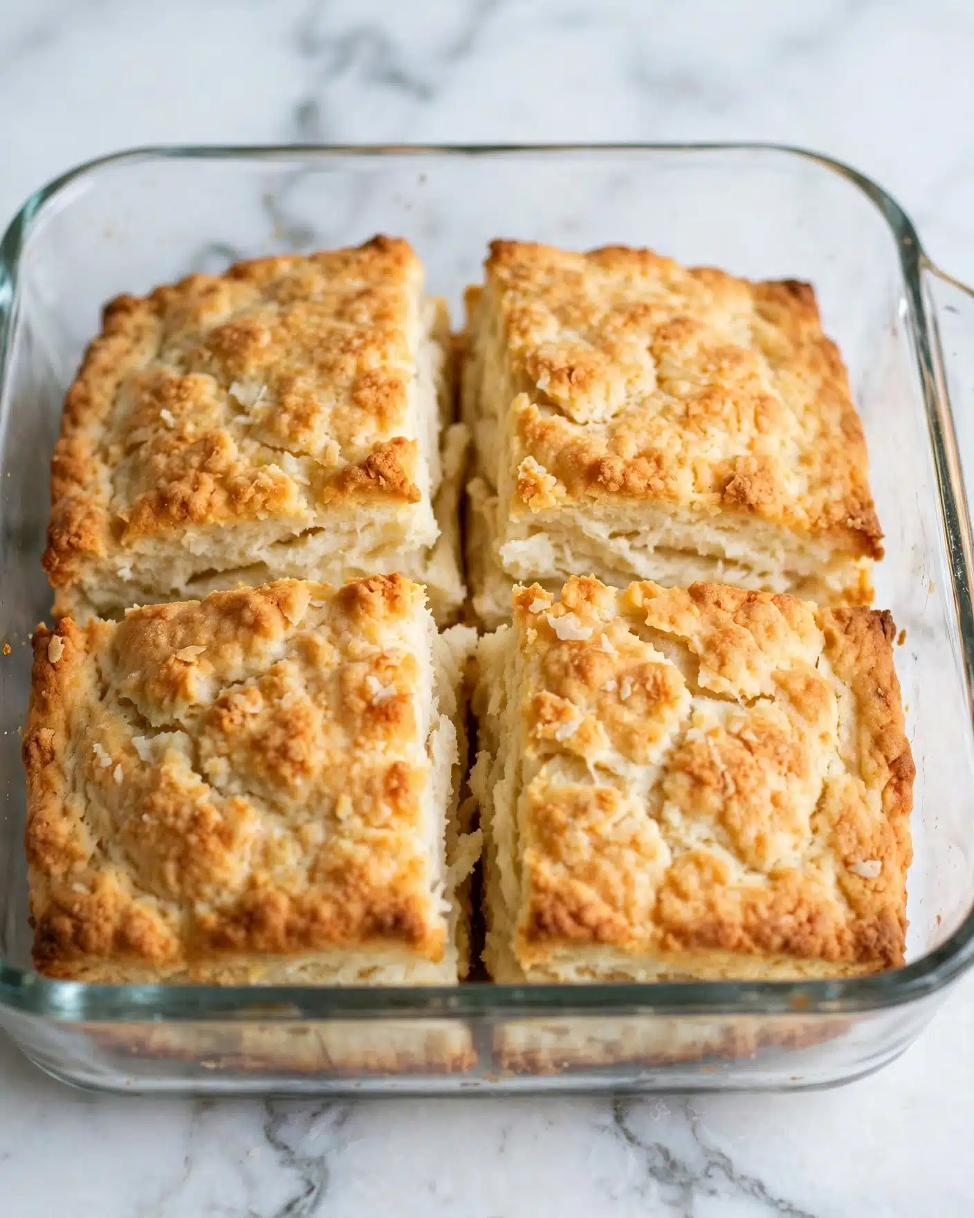 Butter Dip Buttermilk Biscuits (Butter Swim Biscuits) Recipe 4 The image shows a close-up of a soft, thick biscuit that has been cut into four large square pieces inside a clear glass baking dish. The biscuit’s top layer is golden brown and flaky, with a slightly bumpy texture, while the inside is light and fluffy with a pale cream color. The edges are slightly raised and crisp, contrasting with the tender, moist interior. The background is a white marbled texture. photo taken with an iphone --ar 4:5 --v 7