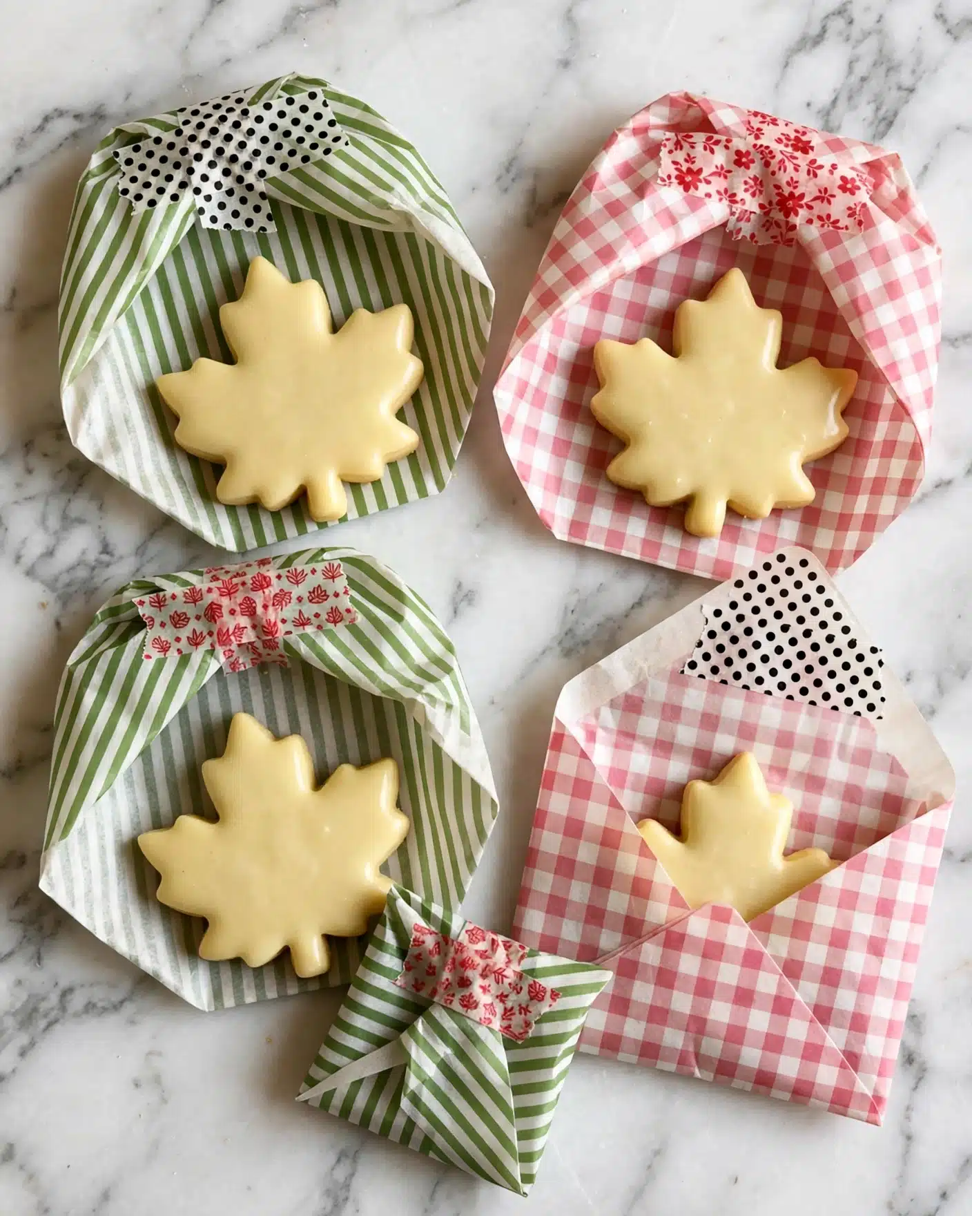 Maple Shortbread Cookies with Maple Glaze Recipe 4 The image shows a close-up of a maple leaf-shaped cookie on a black cooling rack. The cookie has one layer, covered in smooth light brown icing that looks shiny and thick. There are small drops of icing on the rack around the cookie. Other similar cookies are slightly visible in the background, all with the same icing and shape. The background shows a soft, white marbled texture below the cooling rack. photo taken with an iphone --ar 4:5 --v 7