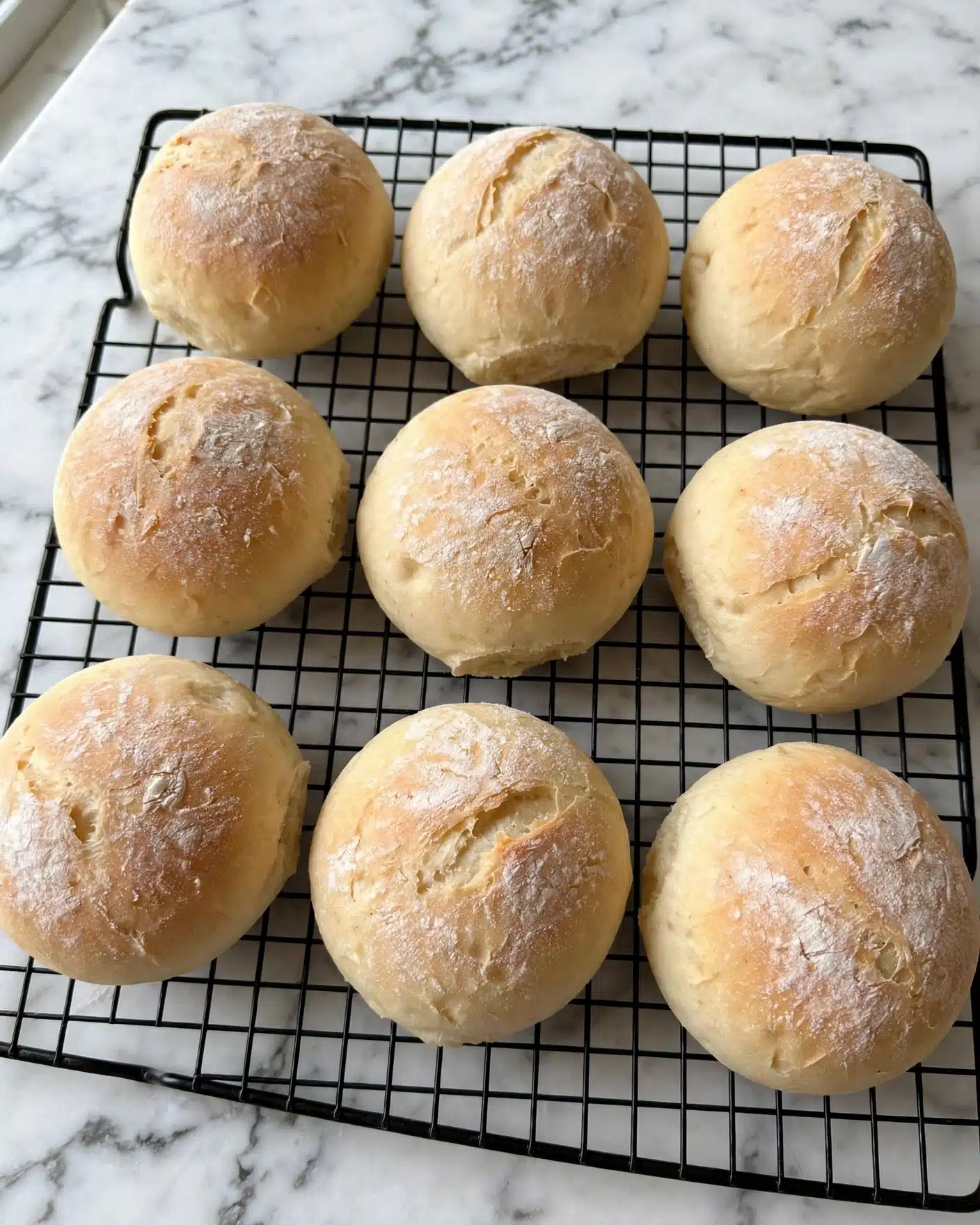 The image shows soft, round bread rolls with a light golden-brown crust and a dusting of white flour on top. The rolls have a smooth texture with small, gentle cracks and slight dimples on their surface. They are arranged on a black cooling rack placed over a white marbled surface. The rolls look fresh and fluffy, evenly spaced across the grid of the rack. Photo taken with an iphone --ar 4:5 --v 7