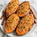 Twice Baked Sweet Potatoes with Brown Sugar Cinnamon Filling and Streusel Topping Recipe