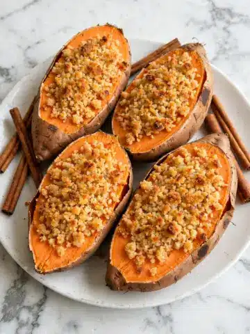 Twice Baked Sweet Potatoes with Brown Sugar Cinnamon Filling and Streusel Topping Recipe