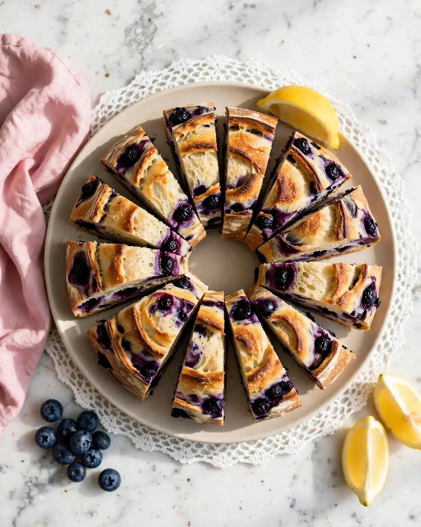 Lemon Blueberry Sourdough Bread Recipe 5 A light beige ceramic plate holds a round loaf of bread with a golden brown crust swirled with dark purple blueberries. The bread is sliced into 7 pieces, showing a fluffy, pale yellow inside layered with pockets of blueberries giving off purple and deep blue shades. A lemon wedge with bright yellow skin and juicy interior sits on the top right edge of the plate. A small cluster of fresh blueberries lies on the white marbled surface beside the plate, next to a soft pink cloth napkin on the left and more lemon wedges on the bottom right. The plate rests on a white lace doily that contrasts with the white marbled tabletop. Photo taken with an iphone --ar 4:5 --v 7
