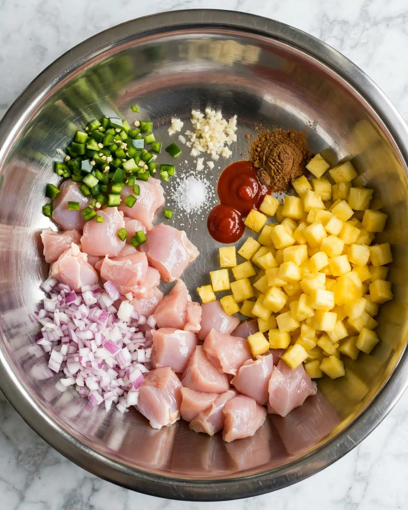 Inside a shiny stainless steel bowl, there are several layered ingredients arranged in sections. At the bottom, pale pink raw chicken pieces are visible. On the right side, there is a large pile of small yellow pineapple chunks. Near the pineapple, there is a small blob of red hot sauce, with brown ground spice next to it. At the bottom left, there are finely chopped white and light purple onions. To the left of the hot sauce, there is a sprinkle of white salt, and above it, finely crushed white garlic. At the top left, diced green jalapeños are placed close to the chicken. The bowl rests on a white marbled surface. photo taken with an iphone --ar 4:5 --v 7
