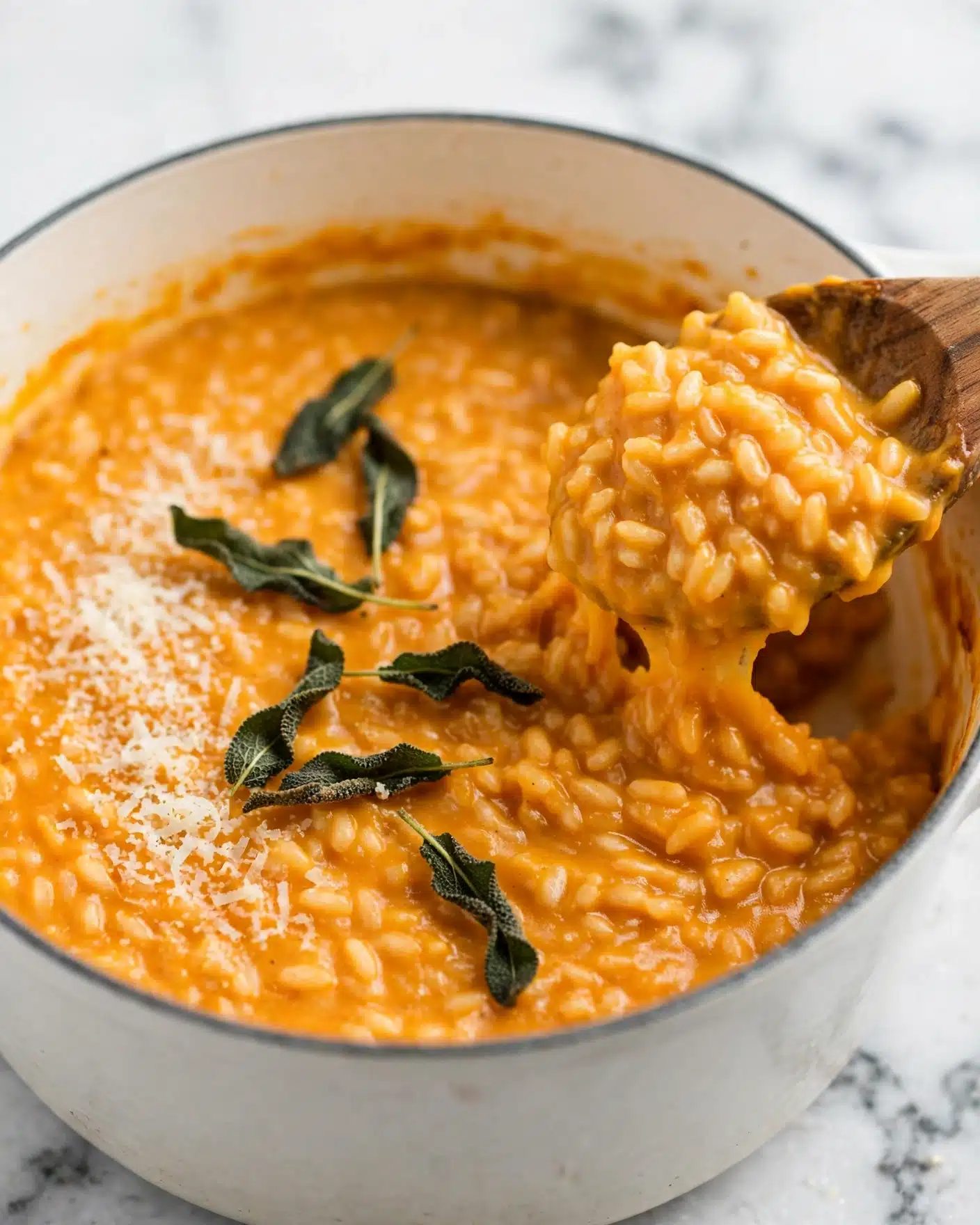 Baked Creamy Pumpkin Risotto Recipe 4 The image shows a close-up of a creamy, orange risotto in a white pot. The risotto has a thick, smooth texture with visible small grains of rice. It is topped with dark green crispy leaves scattered on the surface, and some finely grated white cheese sprinkled on one side. A wooden spoon is lifting some risotto from the right side of the pot, adding a sense of motion and giving a look at its soft and slightly sticky texture. The background is a white marbled surface. photo taken with an iphone --ar 4:5 --v 7