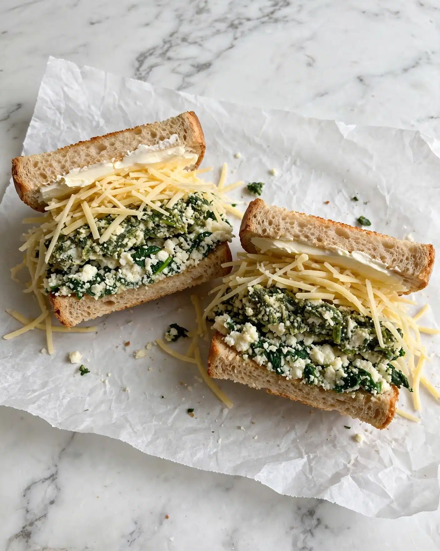 Two sandwiches sit on white parchment paper over a white marbled surface. Each sandwich has three visible layers: the bottom and top layers are toasted light brown bread slices with a soft, slightly rough texture. The middle bottom layer is a mix of crumbly white cheese combined with chopped green spinach, giving a coarse, uneven appearance. On top of the spinach and cheese layer, there is a layer of thin, pale yellow shredded cheese strands that slightly overflow from the sandwich. The top bread slices have a spread of creamy, smooth white butter. photo taken with an iphone --ar 4:5 --v 7
