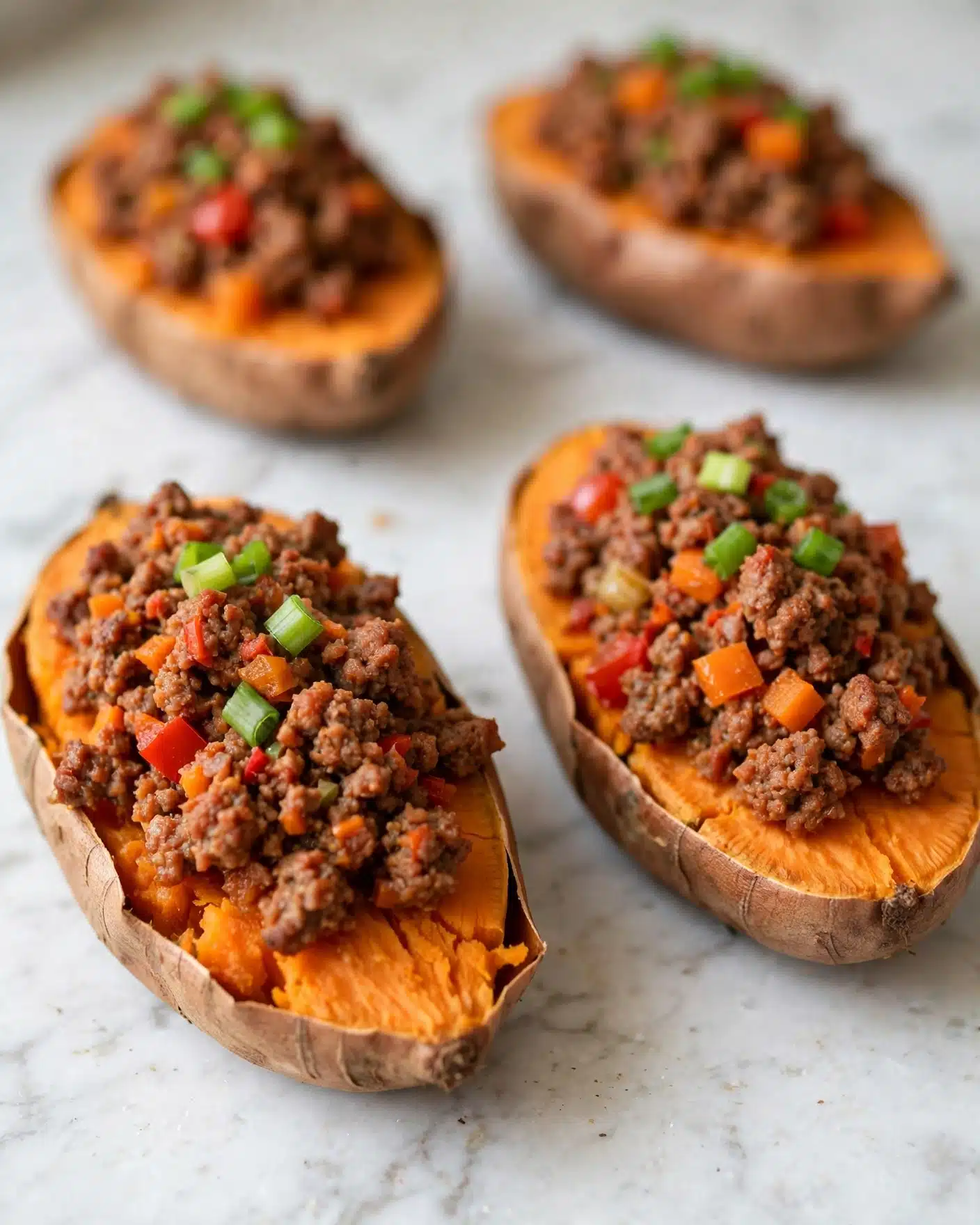 The image shows four halves of roasted sweet potatoes placed on a white marbled surface. Each sweet potato half is topped with a chunky mixture of cooked ground meat and small diced orange and red vegetables. The meat mixture is reddish-brown and moist, with a textured, slightly rough surface. On top of each topping, small bright green pieces of chopped scallions add color contrast. The sweet potato skins are a dull brown, and the soft orange flesh inside is clearly visible underneath the meat topping. The focus is on the front two sweet potatoes, with the other two blurred in the background. The lighting is soft and natural, highlighting the textures. Photo taken with an iphone --ar 4:5 --v 7