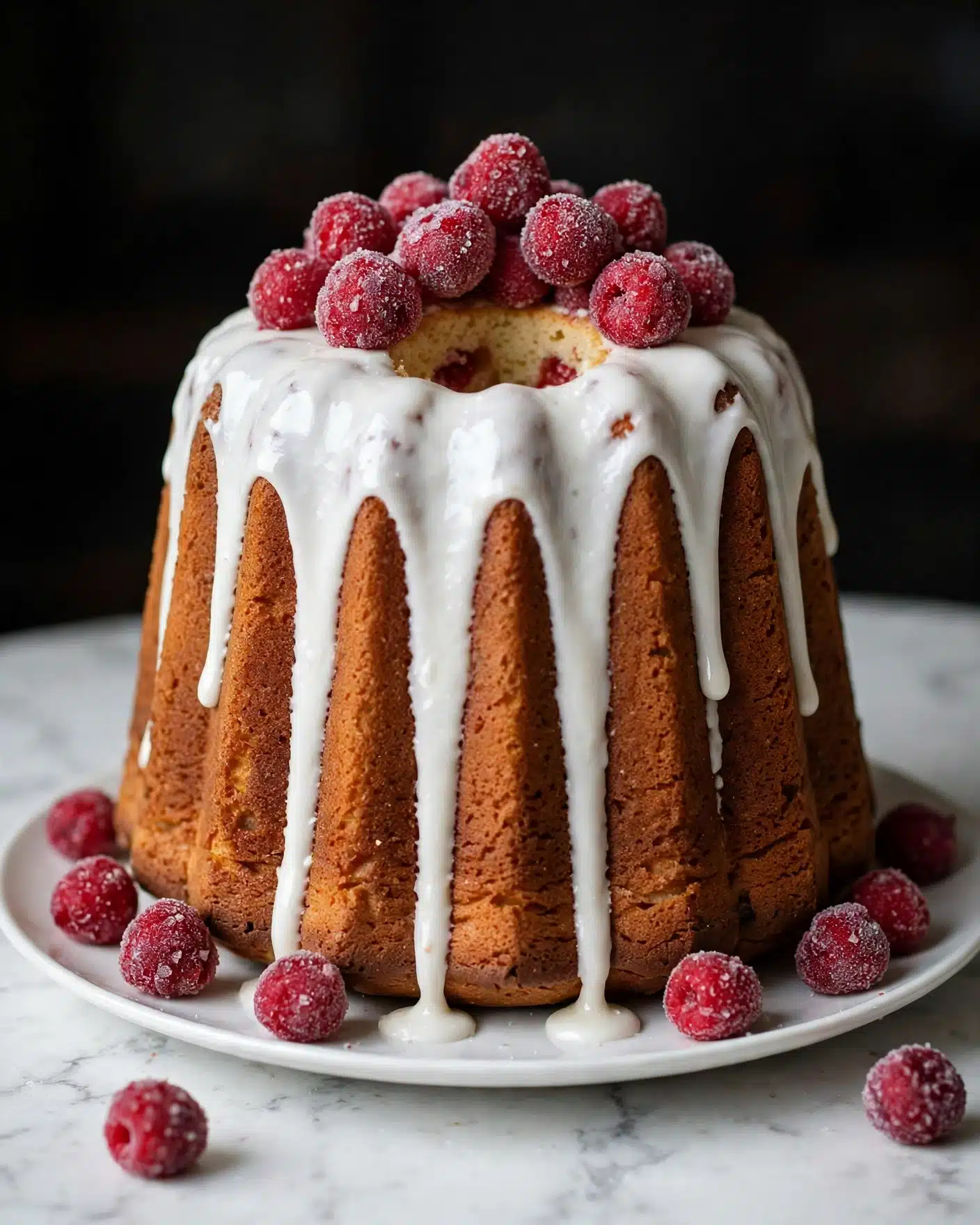 Cranberry Bundt Cake Recipe 5 A round bundt cake with a golden brown color sits on a white plate. The cake is topped with white icing that drips down the sides in uneven streams. On top of the icing, there are two layers of bright red and frosted cranberries, one ring around the outer edge and one cluster in the center. Some frosted cranberries are also scattered at the base of the cake on the plate. In the background, there are two orange halves and a red cloth with white polka dots under the plate, all placed on a white marbled surface. Photo taken with an iphone --ar 4:5 --v 7