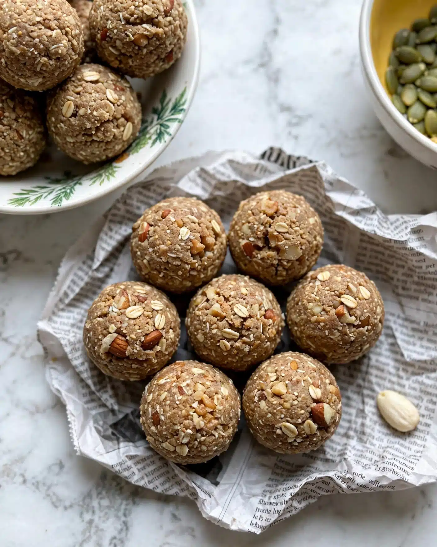 A round golden tin filled with eight round brown textured balls that look like a mix of nuts and seeds, placed close together inside the tin. The tin sits on a dark surface next to a string of bright yellow and green artificial flowers arranged in a line. The balls have a rough, chunky surface with light and dark brown shades, showing bits of nuts and small seeds inside. Photo taken with an iphone --ar 4:5 --v 7