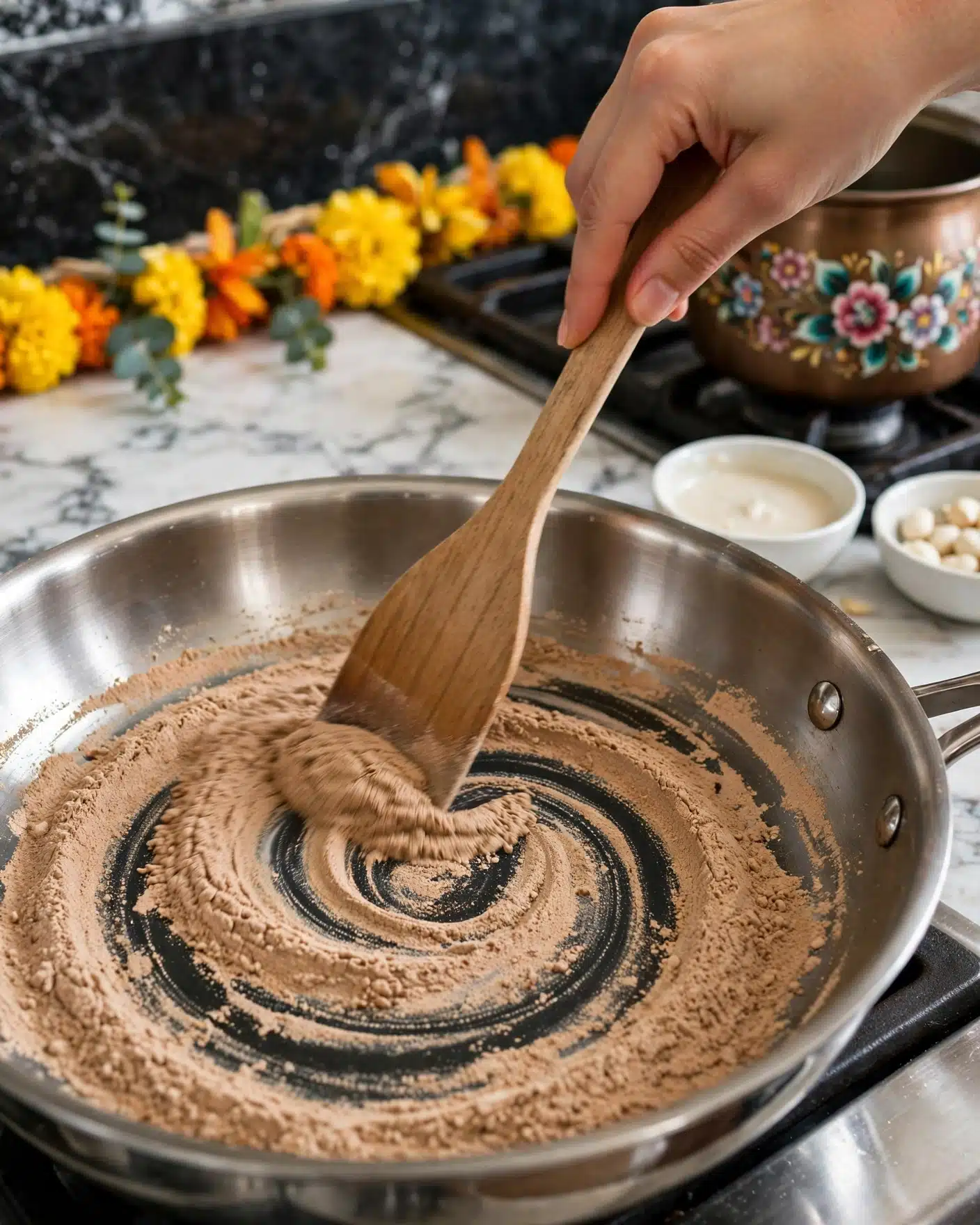 A close-up image of a stovetop with a shiny silver frying pan containing a single light brown powder layer being stirred with a wooden spatula held by a woman's hand. The powder forms swirled patterns with the black pan surface showing through in spots. The background shows a white marbled surface with a stove burner, a small white bowl with a light sauce, a small white bowl with white nuts, and a medium bronze pot decorated with colorful flower designs. A bright garland with yellow and orange flowers runs horizontally behind the stove. Photo taken with an iphone --ar 4:5 --v 7