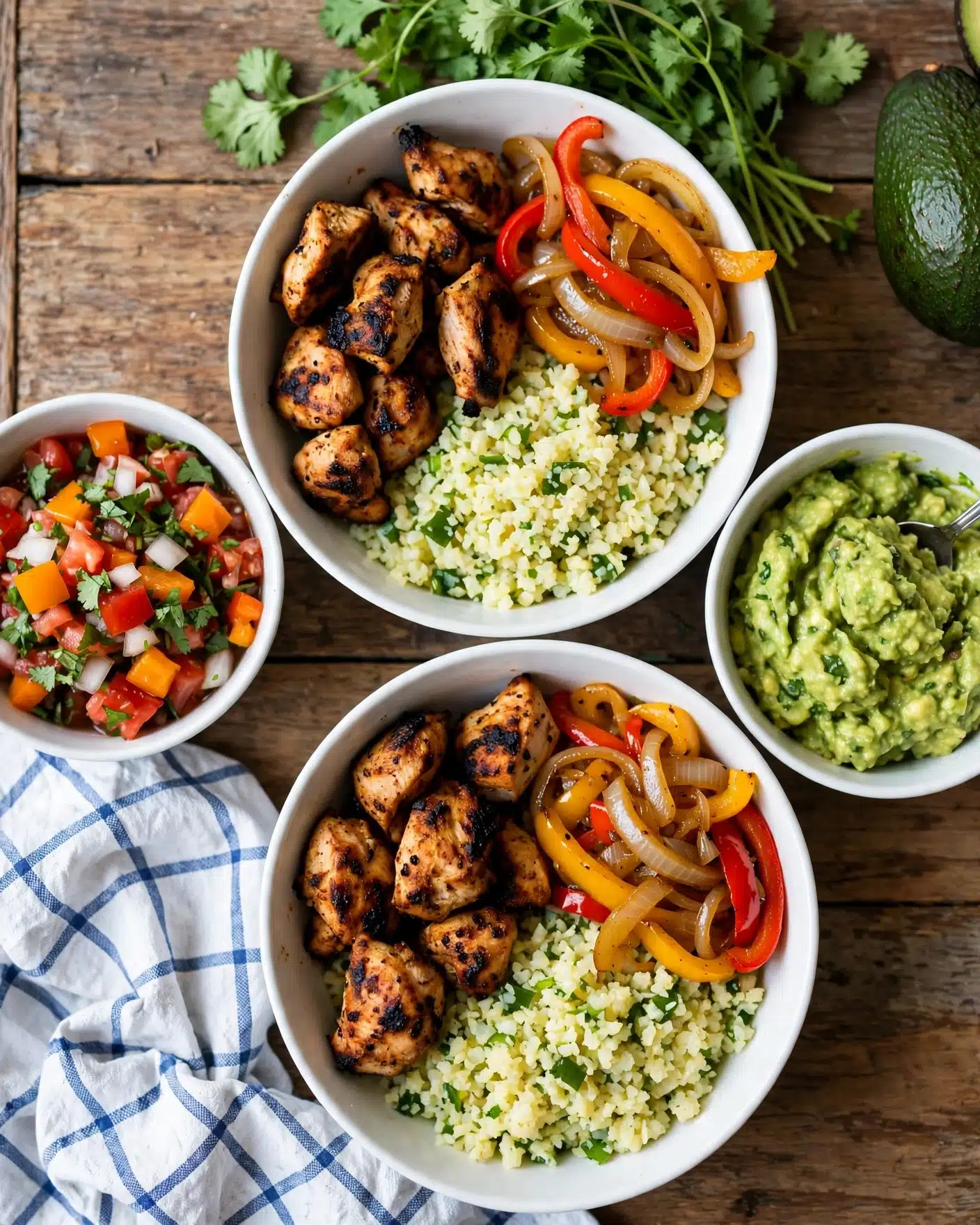 Two white bowls each hold three layers: at the bottom is a light yellow cauliflower rice mixed with small green pieces, topped with charred pieces of golden brown grilled chicken on one side, and sautéed strips of red and yellow bell peppers with translucent cooked onions on the other side. A small white bowl on the right is filled with chunky green guacamole flecked with darker green herbs and a spoon sticking out, while another small white bowl on the left contains a colorful salsa with small pieces of red tomato, orange bell pepper, white onion, and green herbs. The background is a rustic wooden table with a bunch of fresh green cilantro and a whole avocado partially visible in the top right. A white cloth with a blue grid pattern is in the bottom left corner. Photo taken with an iphone --ar 4:5 --v 7