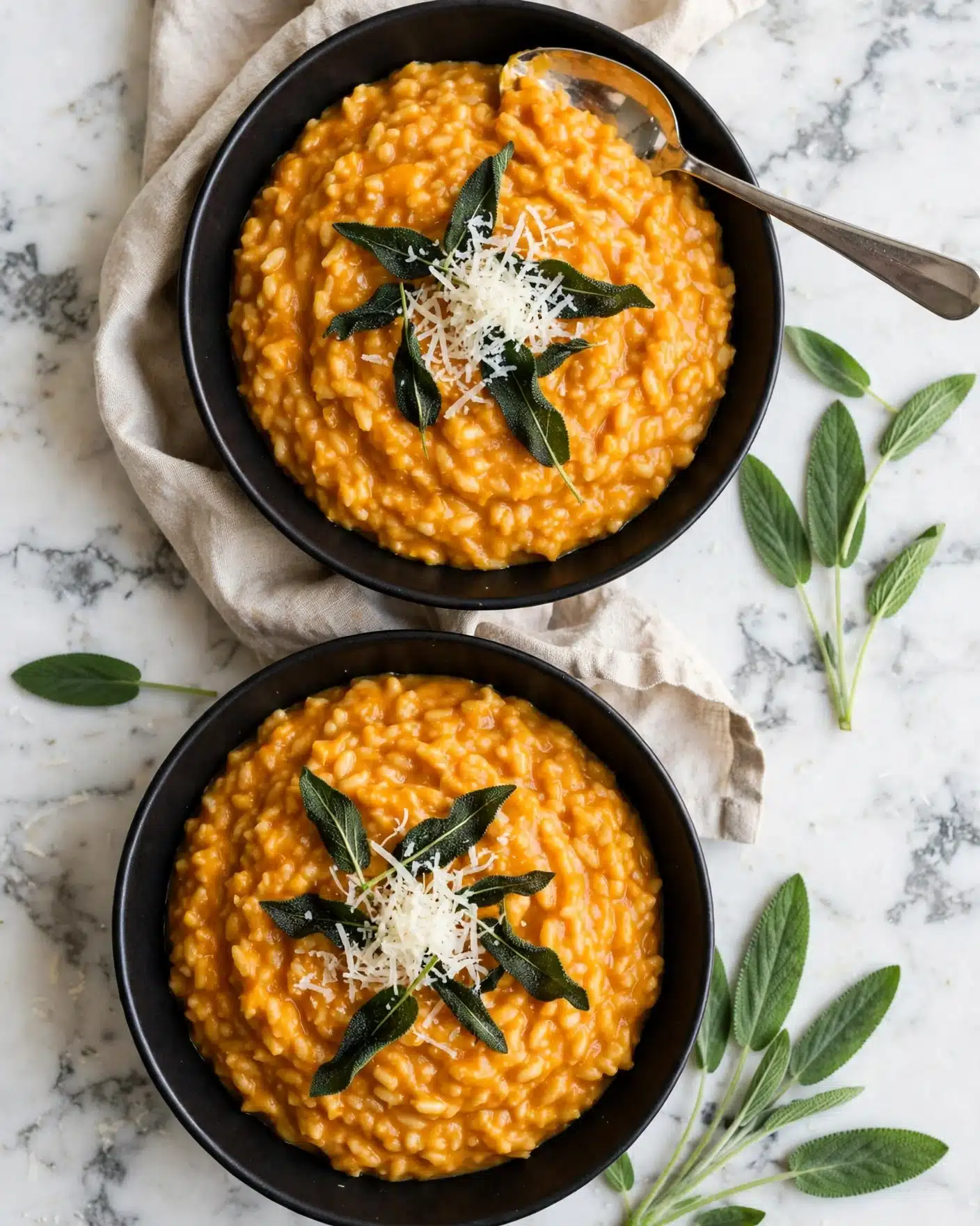 Baked Creamy Pumpkin Risotto Recipe 5 Two black bowls filled with thick, creamy orange risotto are placed on a white marbled surface. Each bowl shows one layer of risotto with a soft, slightly uneven texture. On top, there are several dark green crispy sage leaves scattered in the center, with a small pile of finely grated white cheese over them. A silver spoon rests on the edge of the upper bowl, inside the risotto, reflecting light softly. Some fresh sage leaves are visible on the surface next to the bowls, and a beige cloth is partially under the top bowl. Photo taken with an iphone --ar 4:5 --v 7