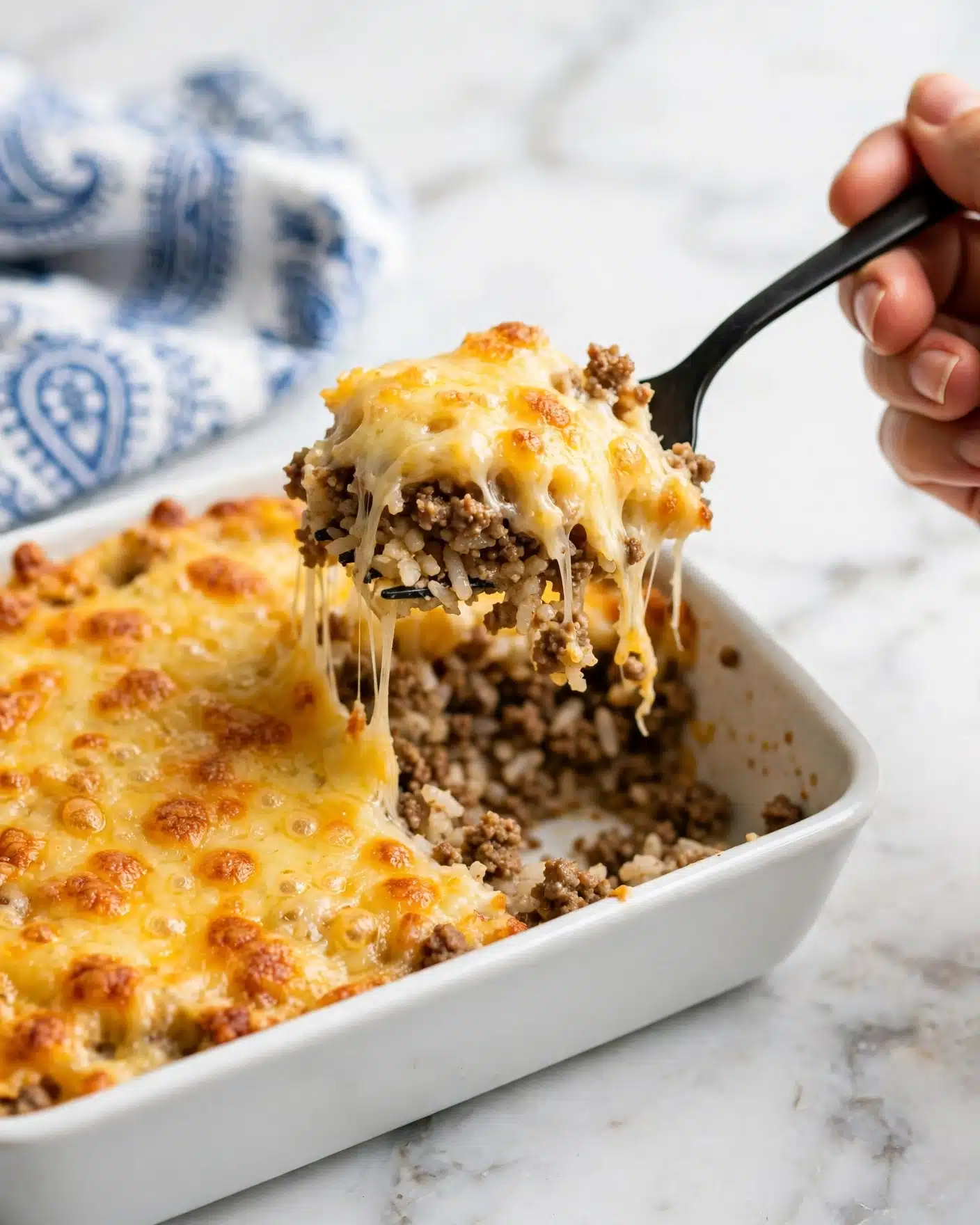 Breakfast Hashbrown Casserole with Sausage Recipe 5 A close-up of a white rectangular dish filled with a cheesy baked casserole, showing two main layers: the top layer is melted golden-yellow cheese with a slightly bubbly, textured surface, and the bottom layer is a mix of white rice and browned ground meat. A black fork held by a woman's hand lifts a portion of the casserole, stretching some melted cheese between the dish and the fork. The background is a white marbled texture with soft focus elements, including a blue and white patterned object. Photo taken with an iphone --ar 4:5 --v 7