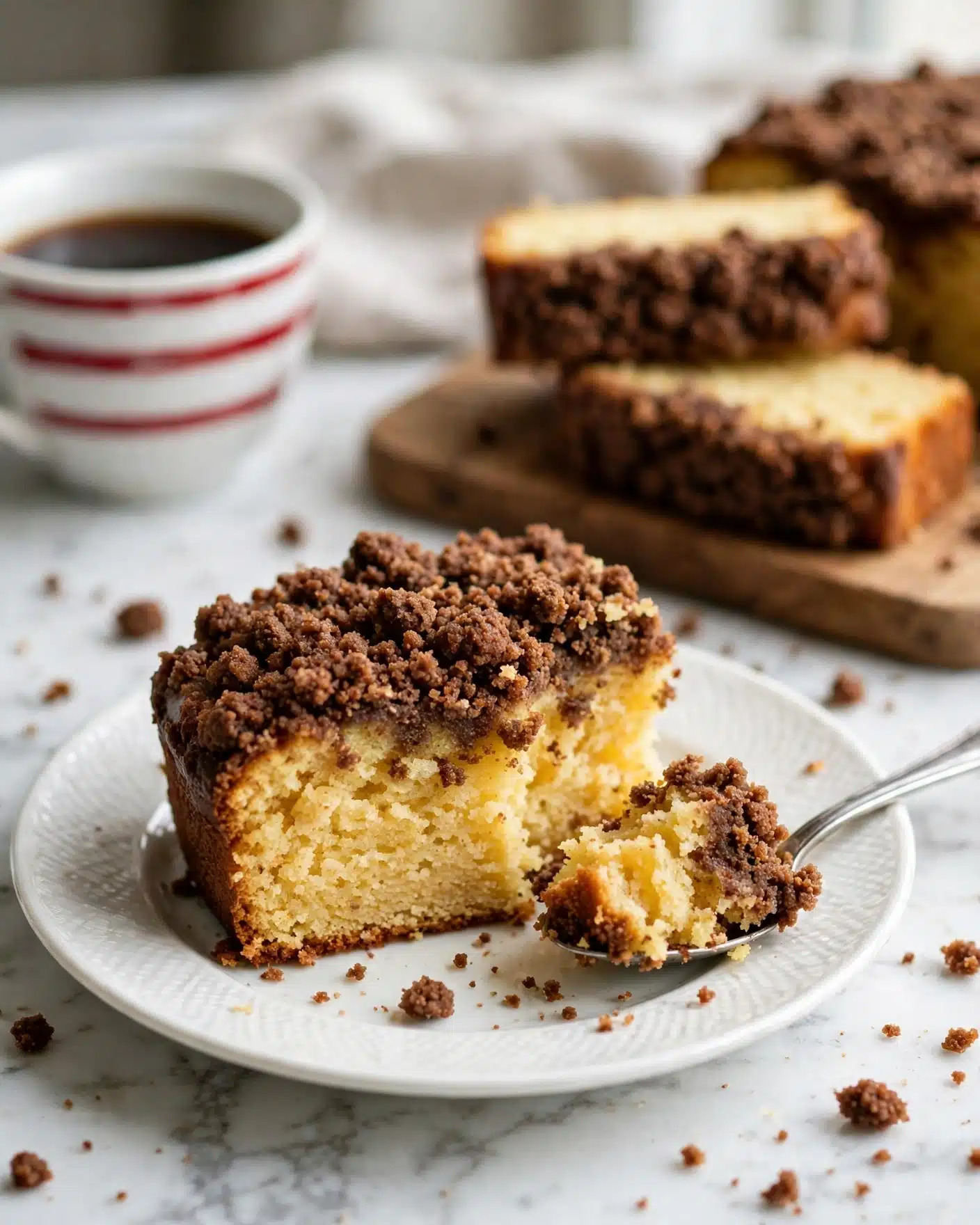 Healthy Coffee Cake Recipe 5 A piece of soft coffee cake sits on a white plate with a textured rim, showing one thick layer. The cake has a golden-yellow inside with a rough, dark brown crumb topping on top, which looks crunchy. A spoon rests on the plate holding a bite of the cake, with some crumbs scattered around. In the background, more pieces of the coffee cake are on a wooden board, and a cup of dark coffee with a white cup and red stripes is visible on the left side. The whole scene is set on a white marbled surface. photo taken with an iphone --ar 4:5 --v 7