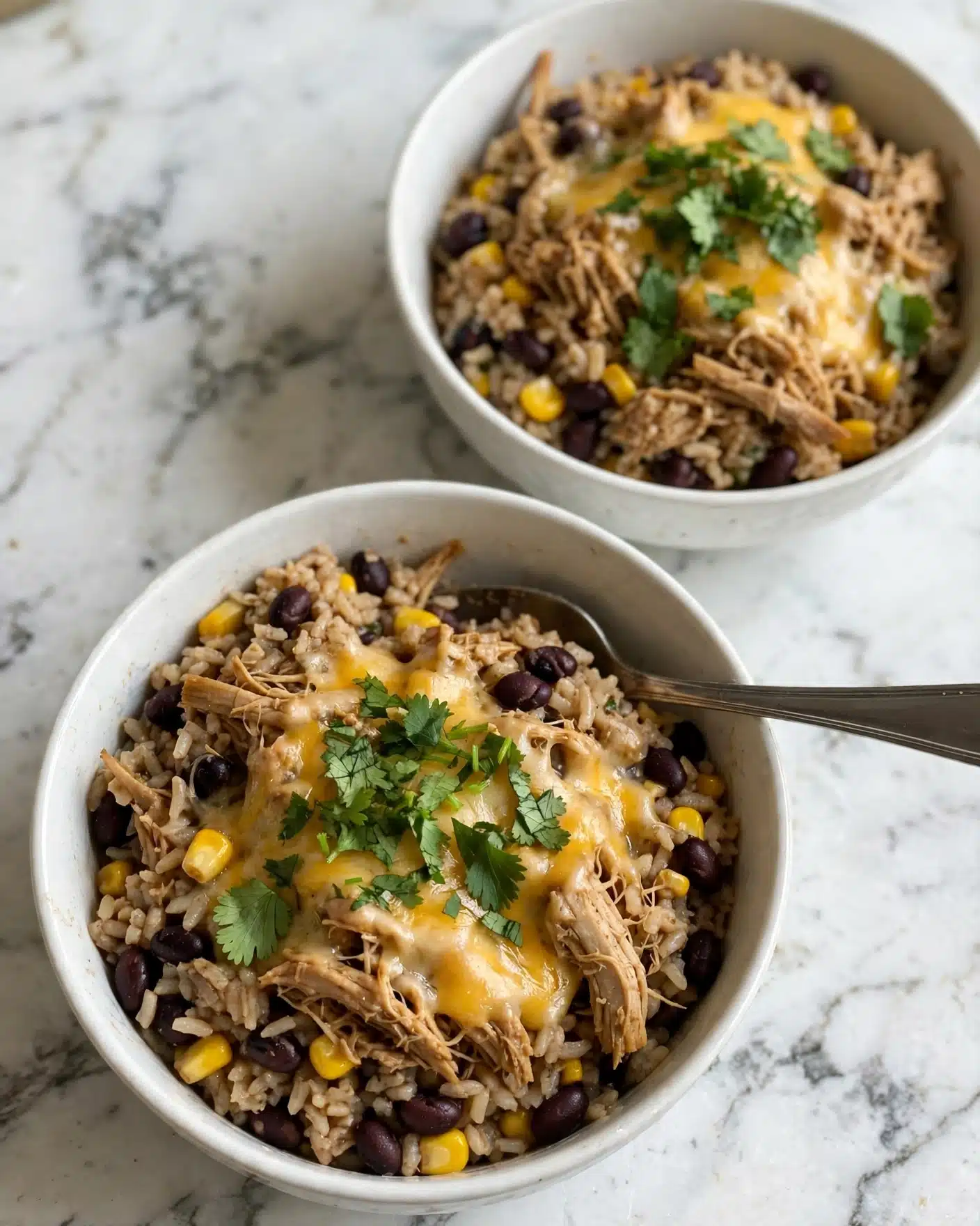 Dump & Go Chicken Burrito Bowls Recipe 5 A close-up of a large spoon lifting out a cheesy pasta dish from a black pot. The dish has layers of shredded pasta mixed with red sauce, chunks of vegetables like green peppers and olives, and is topped with melted yellow cheese that looks stretchy and soft. The background is a white marbled texture with a tiled white wall in the distance. The focus is on the pasta spoon, showing gooey melted cheese strands hanging down. Photo taken with an iphone --ar 4:5 --v 7