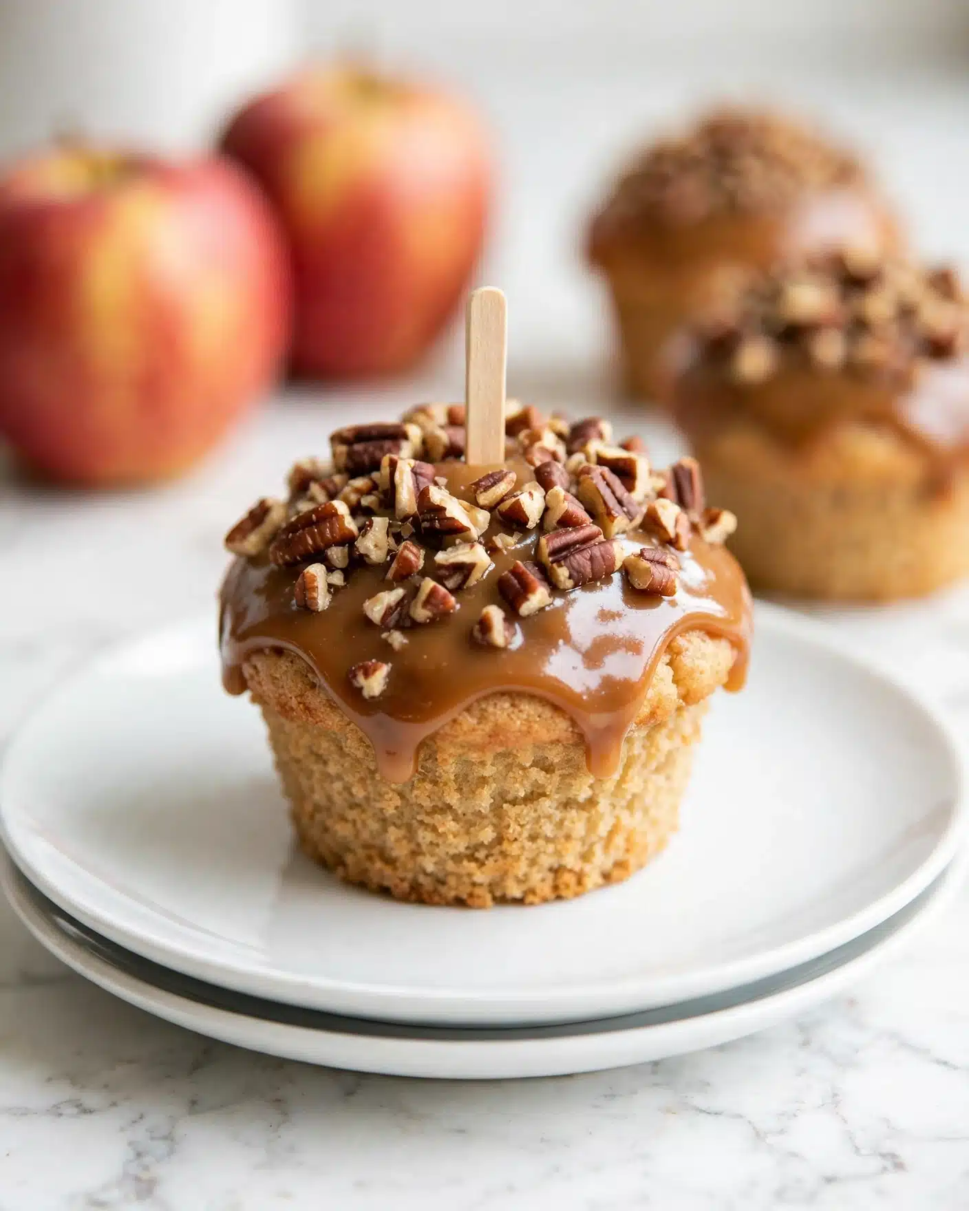 Caramel Apple Cupcakes Recipe 5 A single cupcake with a light golden brown crumb that looks soft and moist is placed in the center of a stack of two white plates on a white marbled surface. The cupcake has one layer topped with a thick caramel-colored glaze, generously covered with a mix of chopped dark and light brown pecans. A light wood stick stands upright in the middle of the cupcake. In the background, two red apples with yellow streaks and two more similar cupcakes are softly blurred. The lighting is natural and bright, highlighting the textures and colors of the cupcake and nuts. Photo taken with an iphone --ar 4:5 --v 7