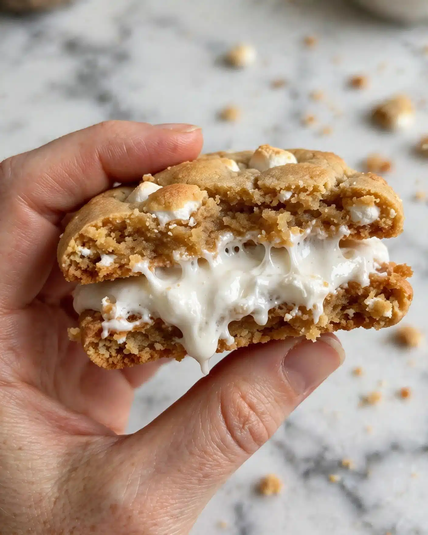 A close-up image of a cookie held by a woman's hand, showing two layers: a soft, light golden-brown baked dough layer on top with small white marshmallow pieces embedded, and a middle gooey white marshmallow layer. The cookie has a crumbly texture with some rough edges, and the background features a white marbled surface with blurred cookie pieces. Photo taken with an iphone --ar 4:5 --v 7