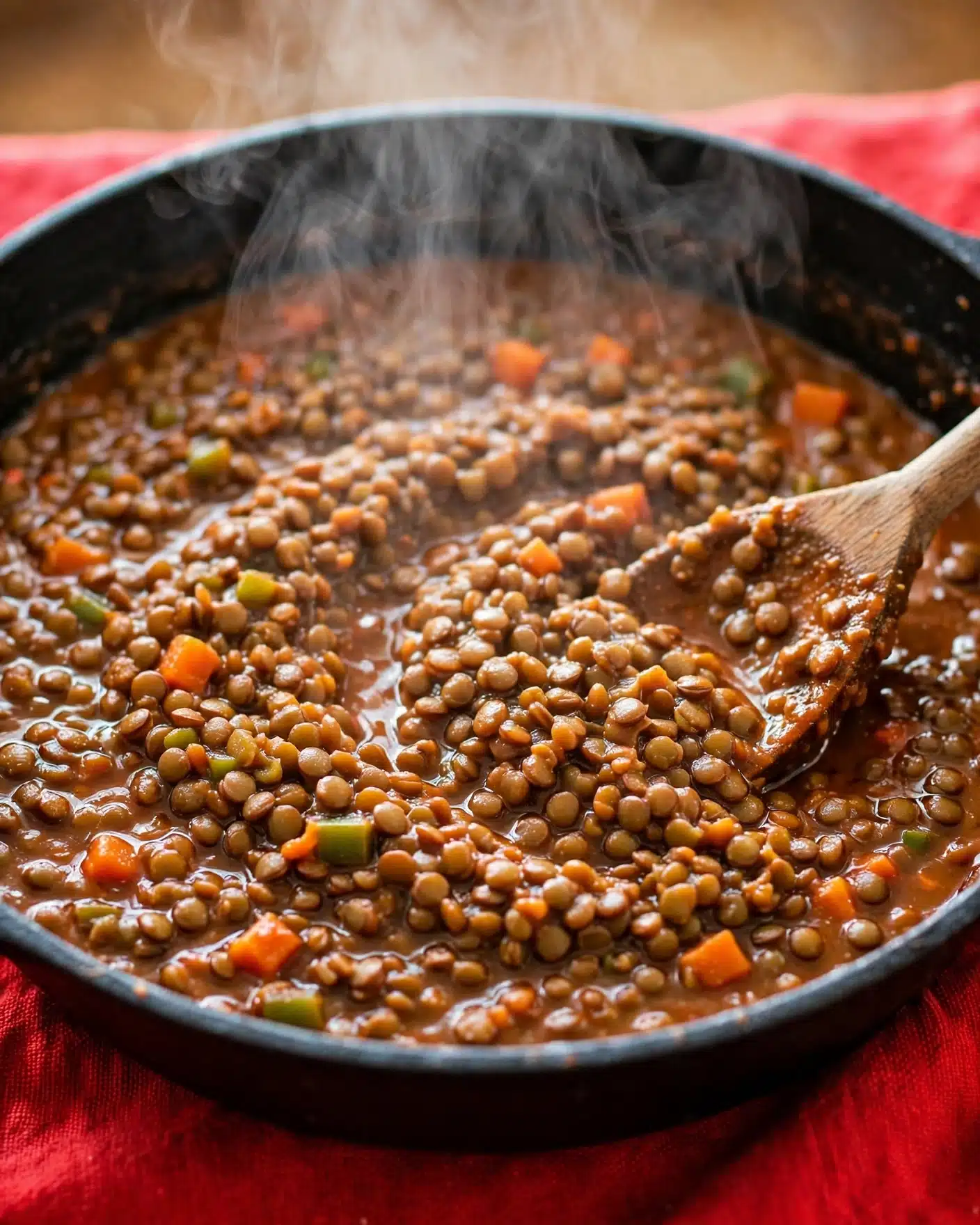 Vegan Sloppy Joes Recipe 5 A close-up view of a black pan filled with a thick stew-like mixture of small brown lentils in a rich reddish-brown sauce, dotted with small bits of vegetables like orange carrots and green peppers, emitting steam from the top. A wooden spoon with a portion of the lentil mixture clings to its surface, resting inside the pan. The pan sits on a bright red surface that contrasts strongly with the dark pan and the warm colors of the stew. The image has a cozy, warm feeling with focus on the texture of the lentils and sauce. photo taken with an iphone --ar 4:5 --v 7