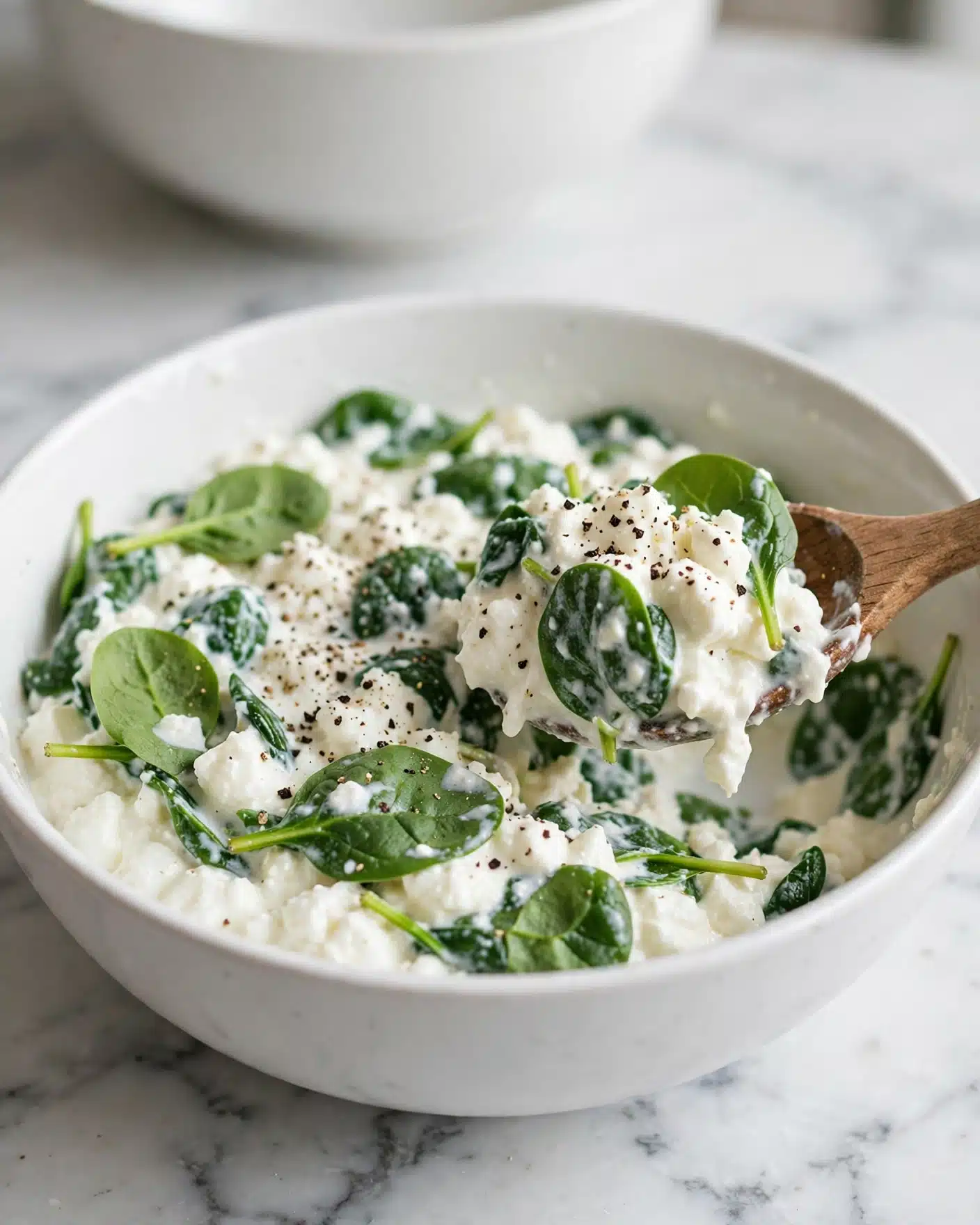 A white bowl filled with a creamy mixture that has two main layers: soft, white curds and bright green spinach leaves spread evenly throughout. Black pepper is sprinkled on top, adding small dark specks. A wooden spoon is scooping some of the mixture from the bowl. The bowl is placed on a white marbled surface, with a larger white bowl blurred in the background. photo taken with an iphone --ar 4:5 --v 7