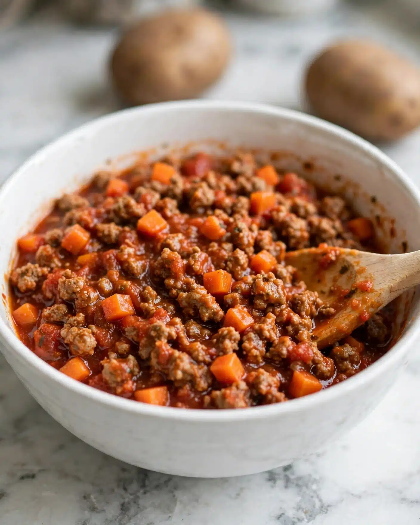 A white deep bowl contains a mixture of browned minced meat and small orange carrot cubes evenly spread. The texture looks moist with visible tomato sauce coating the meat and carrots. A light-colored wooden spoon rests inside the bowl, partially covered by the mixture. The background is softly blurred with two brown potatoes visible behind the bowl on a white marbled surface. photo taken with an iphone --ar 4:5 --v 7