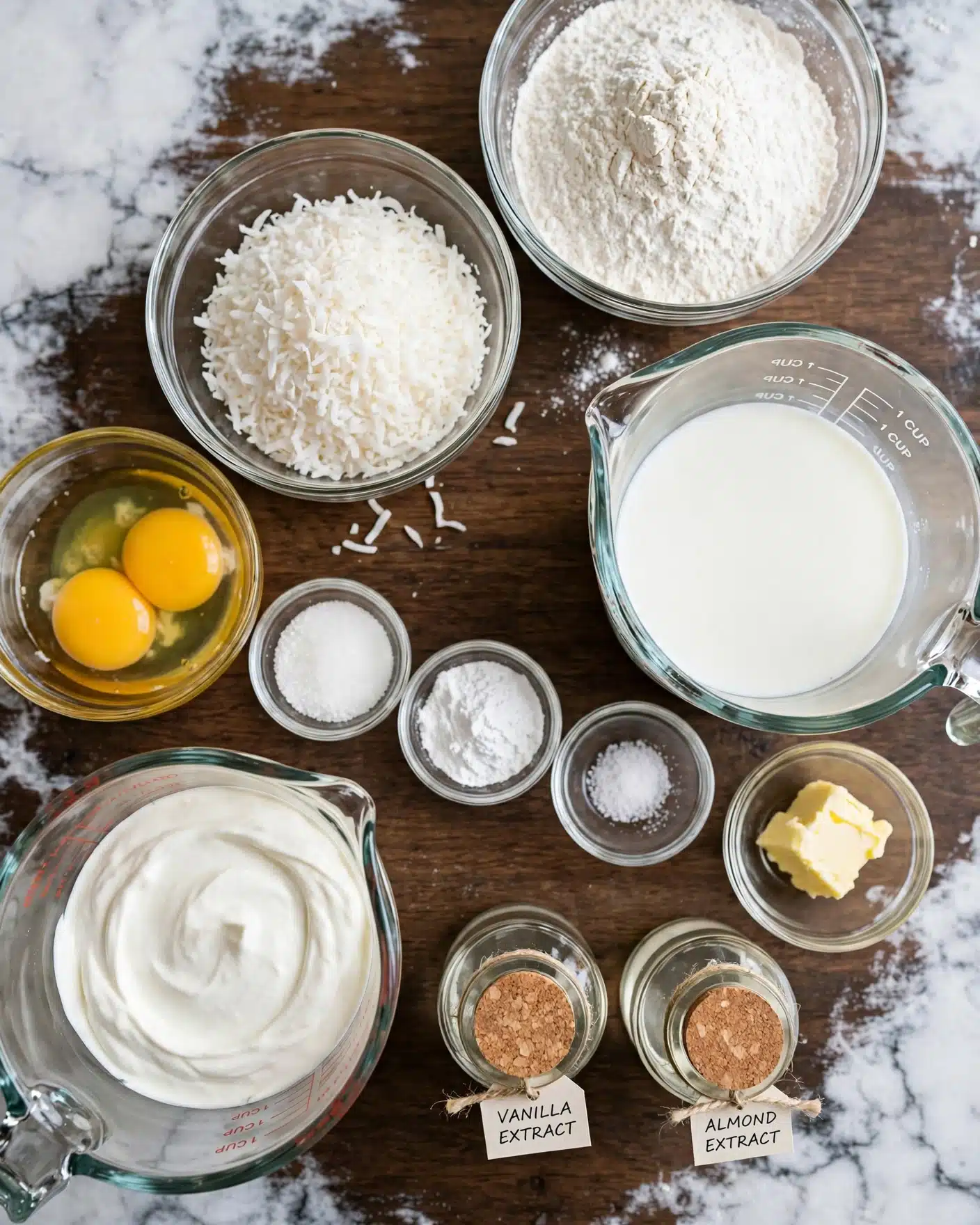 A collection of clear glass bowls and measuring cups arranged neatly on a dark wooden surface, each holding different baking ingredients. There are two large measuring cups, one filled with white cream and the other with a white liquid, positioned at the bottom left and middle right. A small glass bowl with two bright yellow egg yolks and whites sits on the left. At the top right, a large bowl holds white flour, and next to it is a medium bowl filled with shredded coconut. A small chunk of light yellow butter is in a small bowl at the middle right. Near the center, there are three small glass bowls containing white granular sugar, powdered sugar, and salt, along with small jars holding clear liquids and vanilla extract near the bottom. The whole setup is on a white marbled texture. Photo taken with an iphone --ar 4:5 --v 7